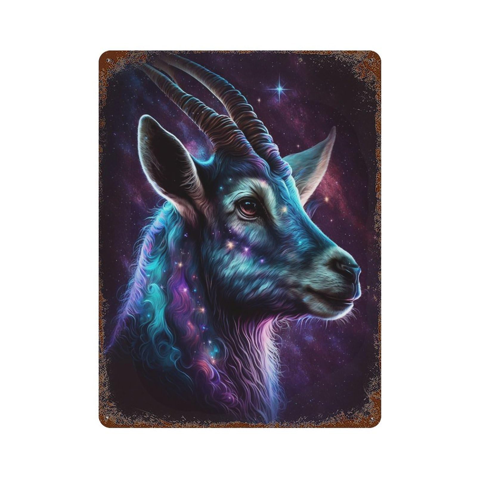 Galactic Goat Portrait -4 Vintage Wall Sign 15.7"x11.8", Rust Effect Metal Decor for Shed, Workshop And Garage Wall Decor