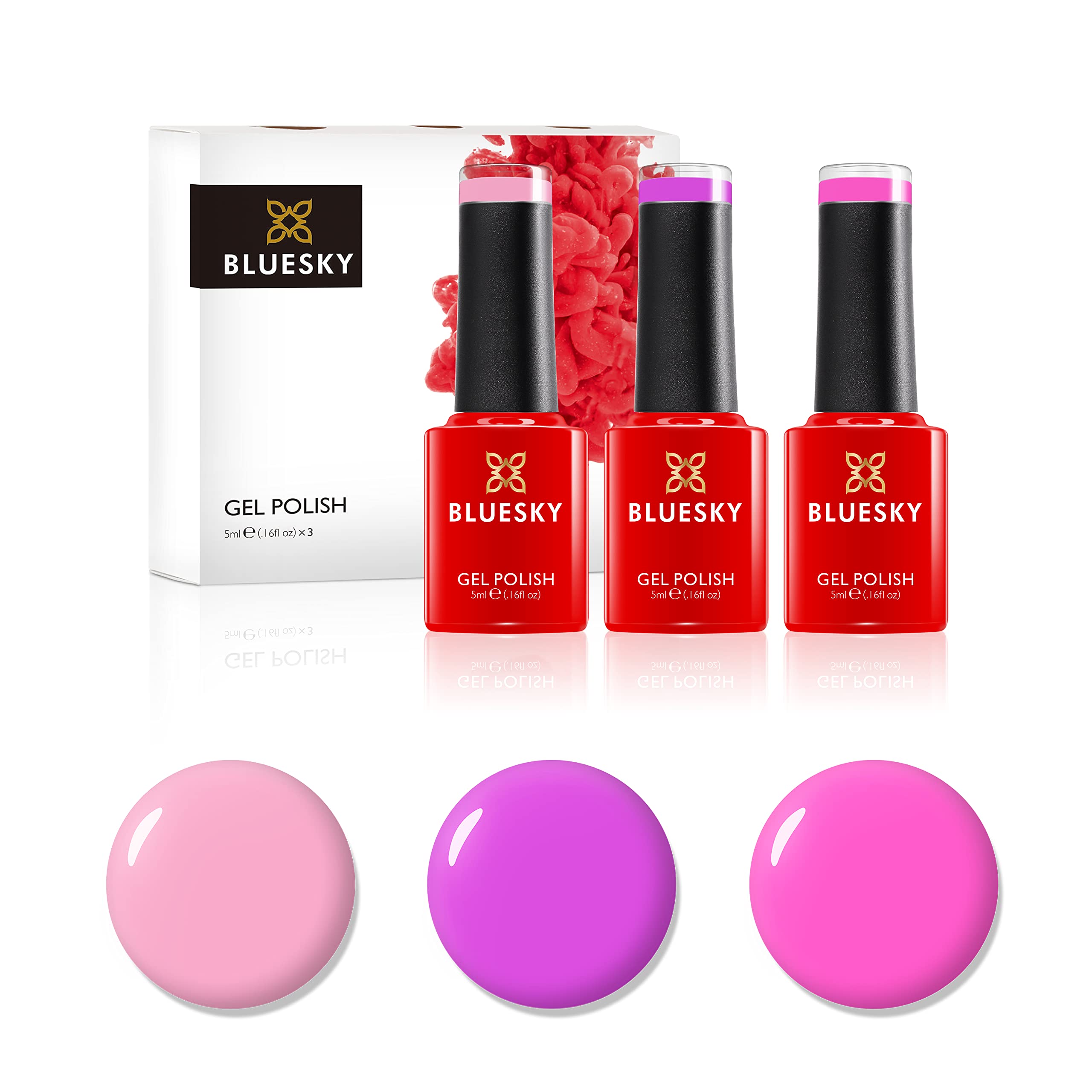 BLUESKY Gel Nail Polish Set, Candy Pinks. Sweet Pink Dc059, Pink Candy Neon27, Fresh Neon21. 3 X 5Ml. (Requires Curing Under Uv/Led Lamp)