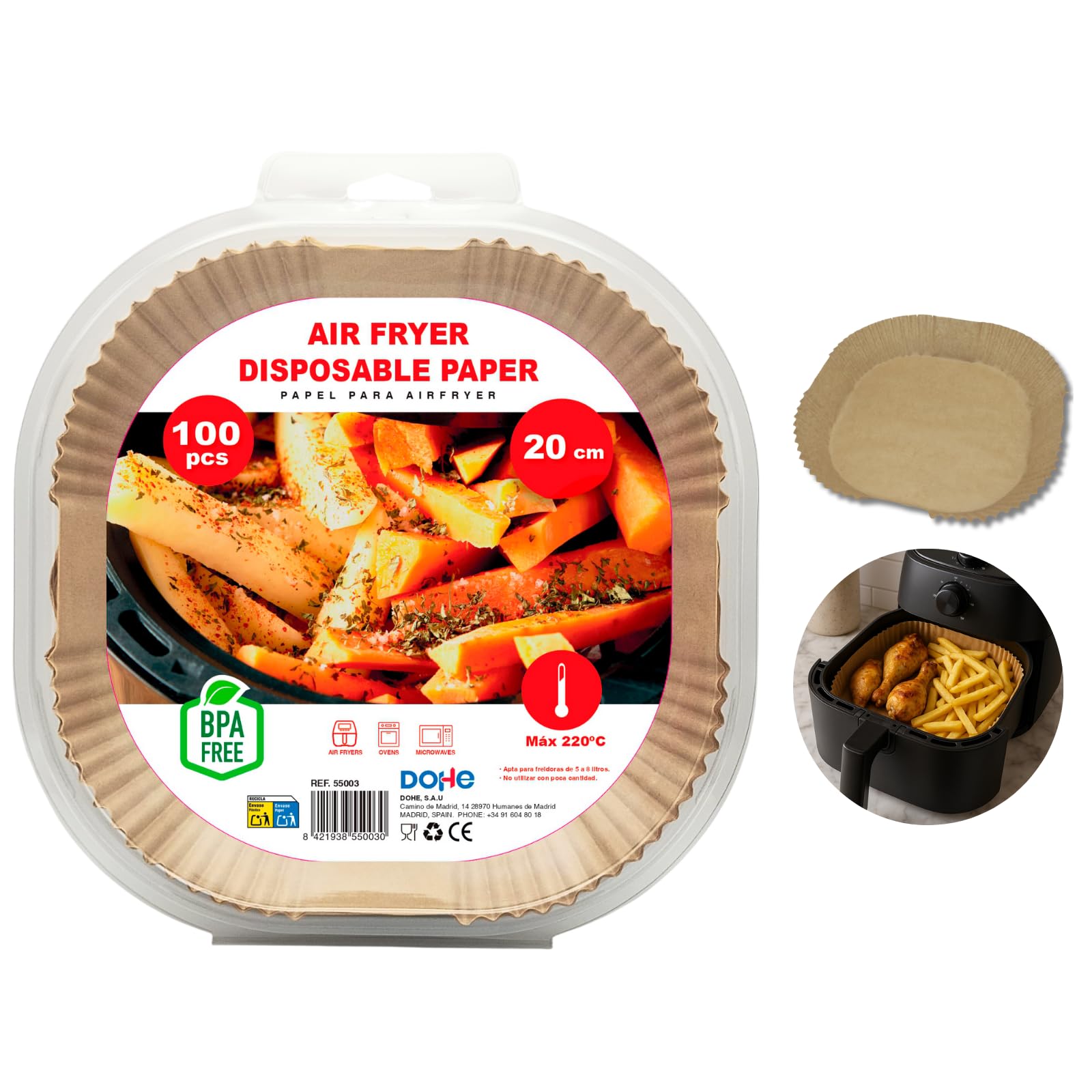 Dohe - Papel Freidora Aire Cuadrado (100 uds.) - Tamaño 20-24 cm para Air Friyers 5 8 Litros, Apto para Hornos y Microondas, Antiadherente y Absorbente, Sin BPA
