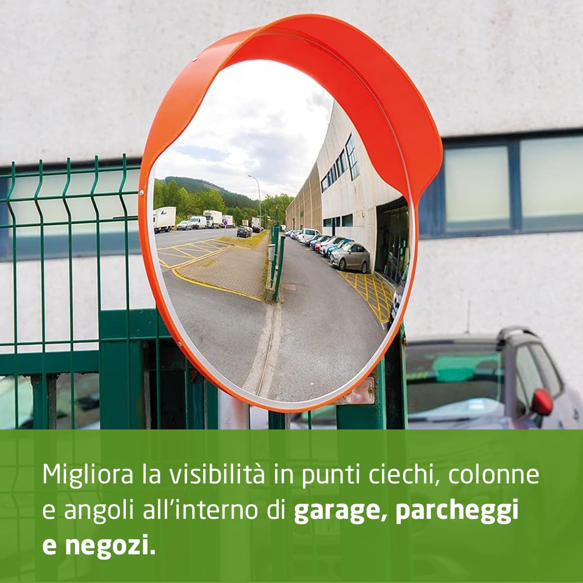 Amig - Specchio convesso di sicurezza e sorveglianza con visiera Ø60 cm diametro | Specchio stradale | Visione negli angoli ciechi, nelle colonne e negli angoli di negozi e garage | Arancia