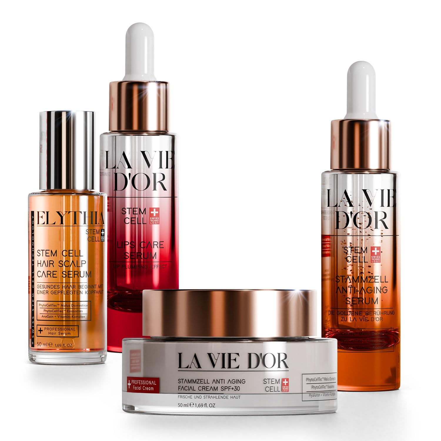 La Vie D'Or Komplettpflege-Set – Anti-Aging Serum + Lippenpflege Serum + Haar- & Kopfhautserum + Gesichtscreme SPF 30 – Stammzellentechnologie – Vegane Luxuspflege