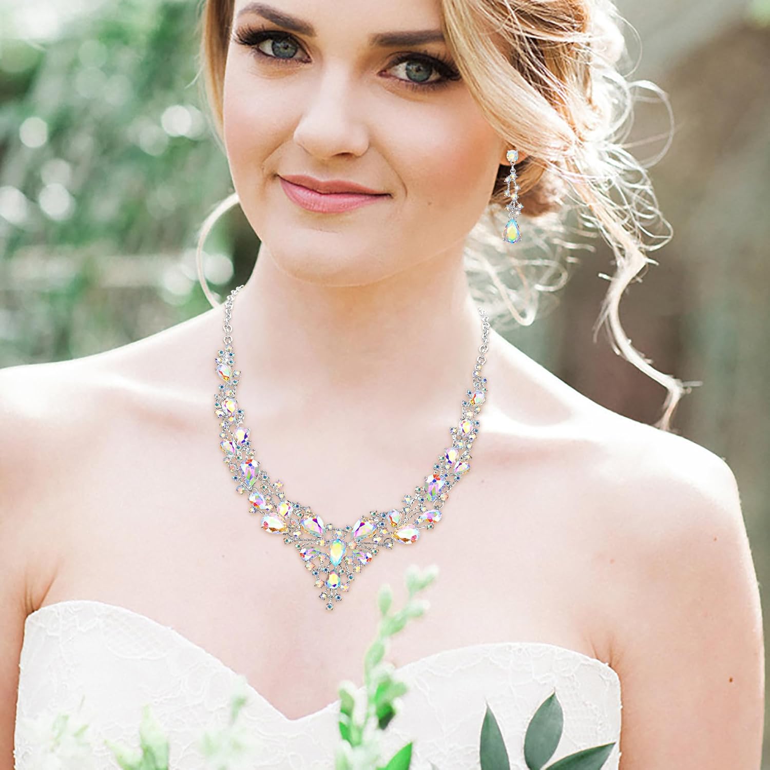EVER FAITH Bridal Bride Jewelry Set Crystal Flower Leaf Vine Teardrop Wedding Necklace Earrings Sets