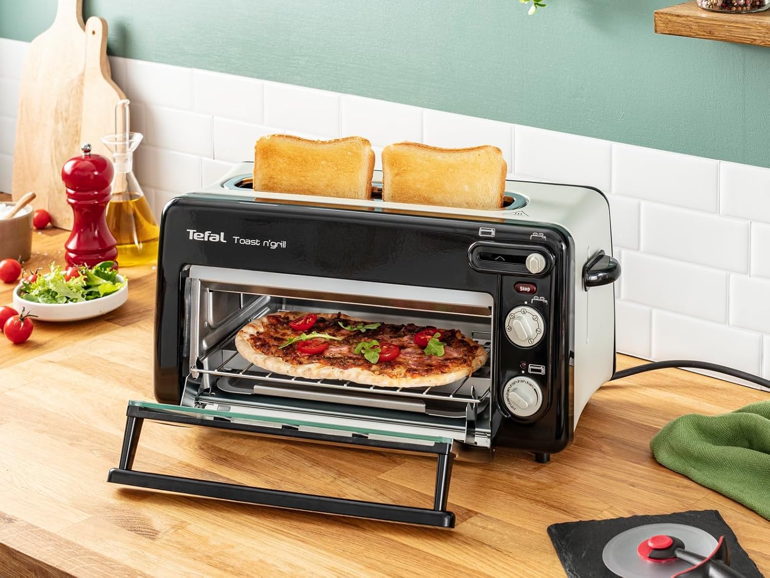 Tefal Tostadora y minihorno 2 en 1 de acero inoxidable negro, Ranura larga, con tapa, Calentamiento de cuarzo, 6 niveles, Temperatura del grill hasta 210°C, Bandeja recogemigas extraíble, TL6008