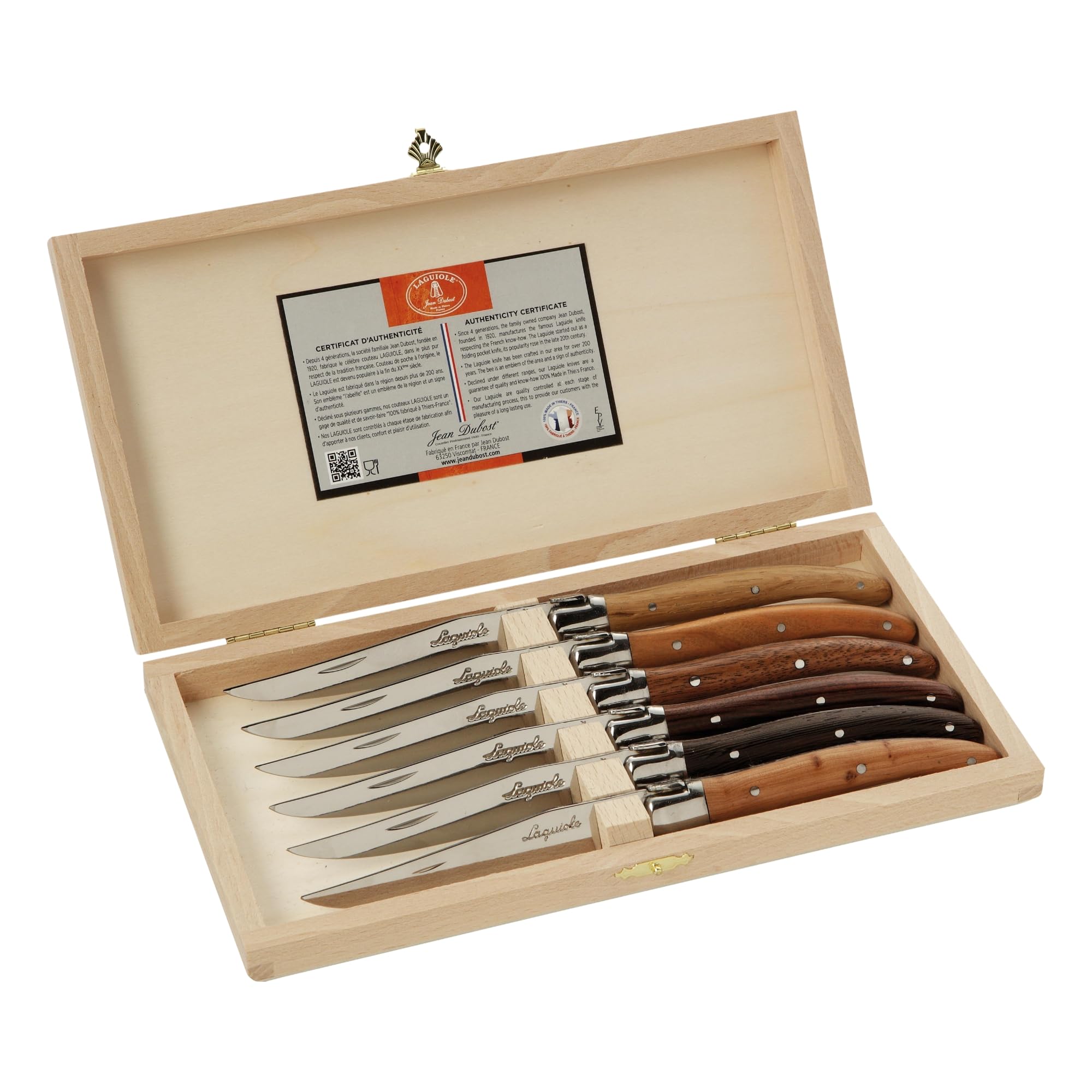 Laguiole 6-Piece Steak Knife Set, Mixed Wood Handles - 2.5 mm Blades - Rust-Resistant Stainless Steel - Includes Wooden Box - Made in France