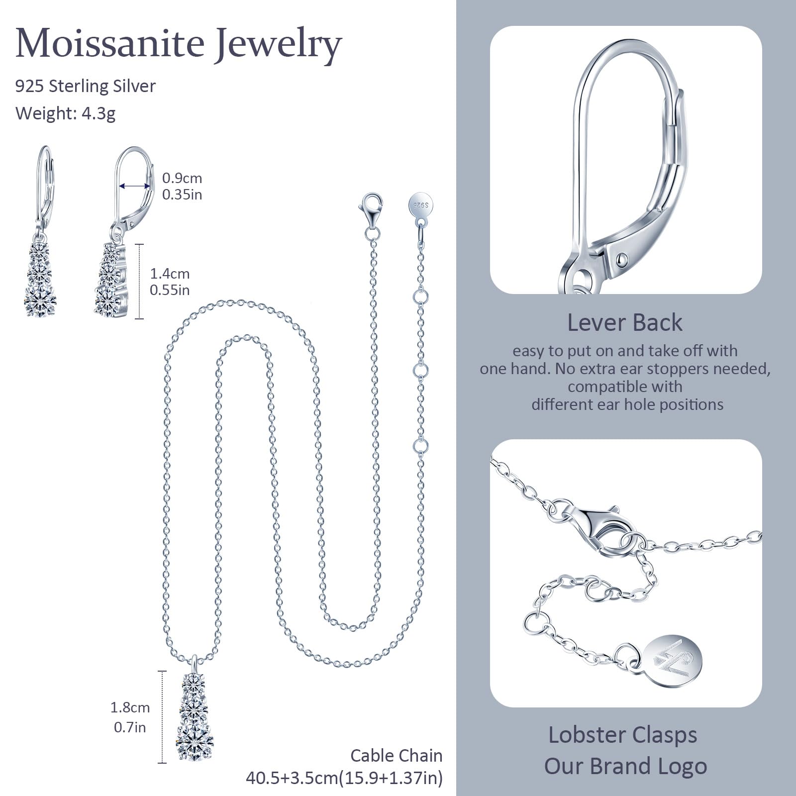 Drei Moissanite Anhänger Tropfen Ohrringe und Halskette Set 925 Sterling Silber Damen Schmuckset, VVS1 D Farbe 1.8 Karat Silber Schmuck für Frauen Freundin Mama