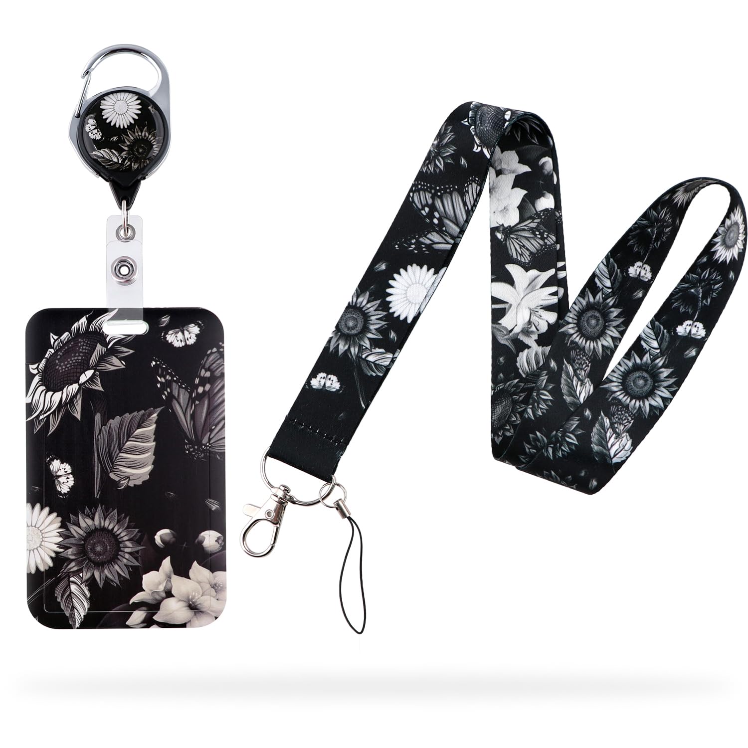 Lanyard ID Bagde Holder Retractable Badge Reel Holder with Belt Clip with Neck Lanyard and Vertical ID Sleeve Protector for Nurse Teacher Student Office, Black Sunflower