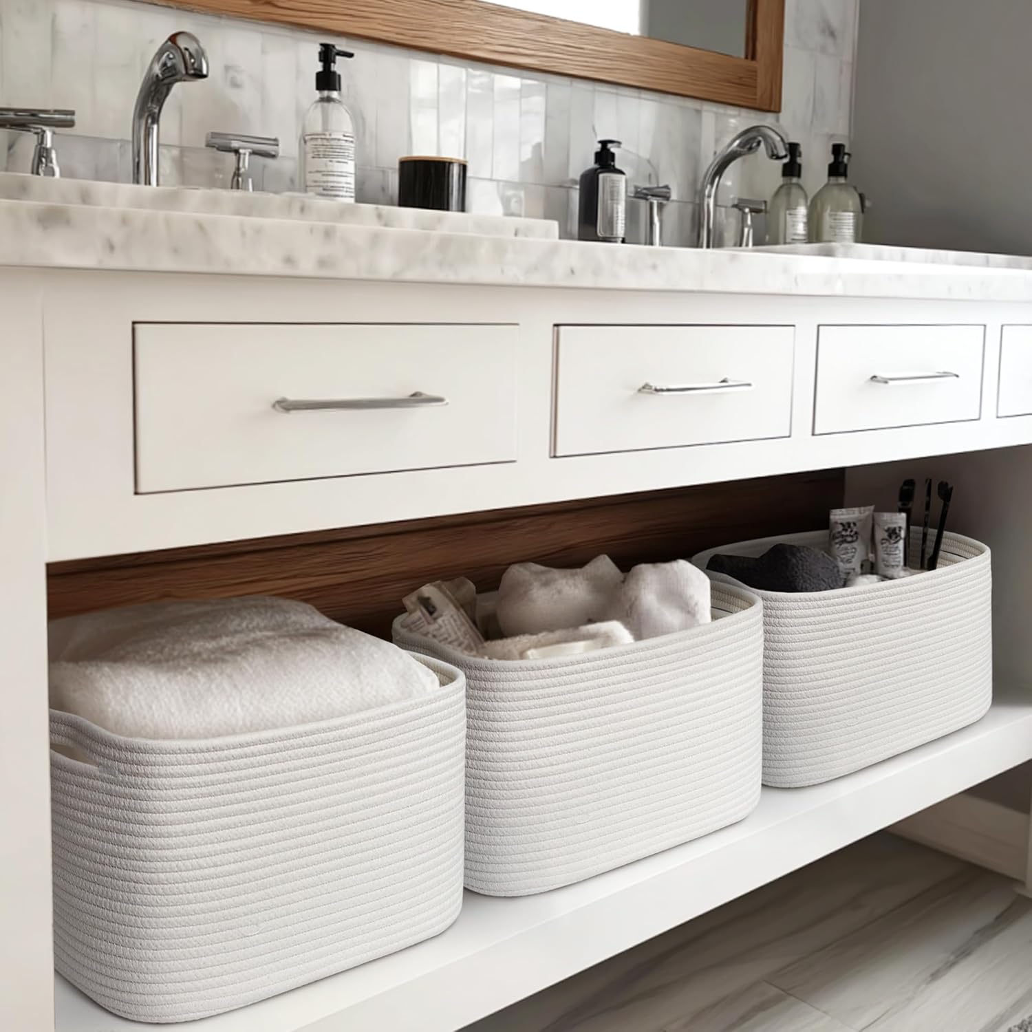 White Baskets for Organizing, 3 Pack Woven Cotton Rope Storage Baskets for Shelves, Decorative Closet Bin, Cute Fabric Storage Bins for Bathroom, Toys, Towels, Clothes, Shoes Organization
