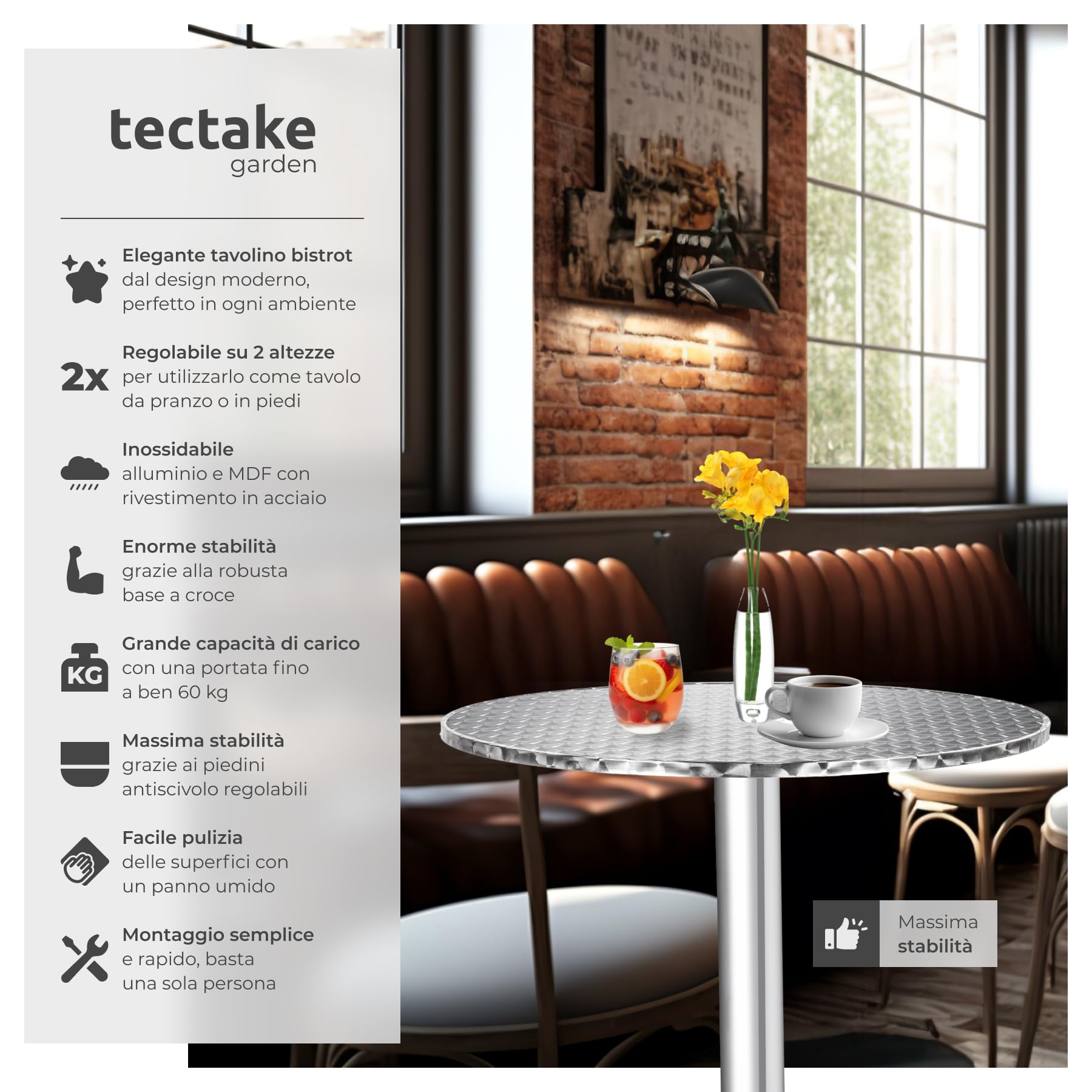 tectake® Tavolo da Bistrot, Alluminio Pieghevole, Altezza Regolabile 74/114 cm, Piano in Acciaio Inox Ø 60cm, Resistente agli Agenti Atmosferici, Perfetto per Esterni ed Interni - Frederic