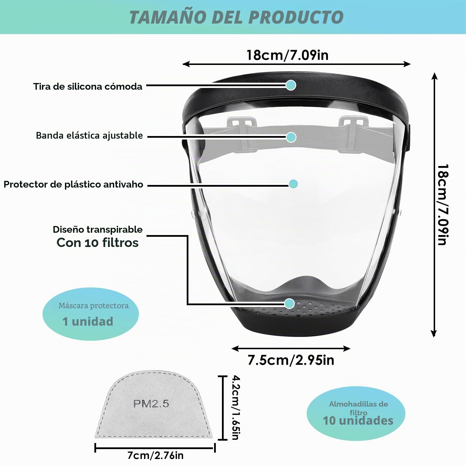Protección facial protector antiempañamiento de cara completa de plástico transparente con banda ajustable para adultos