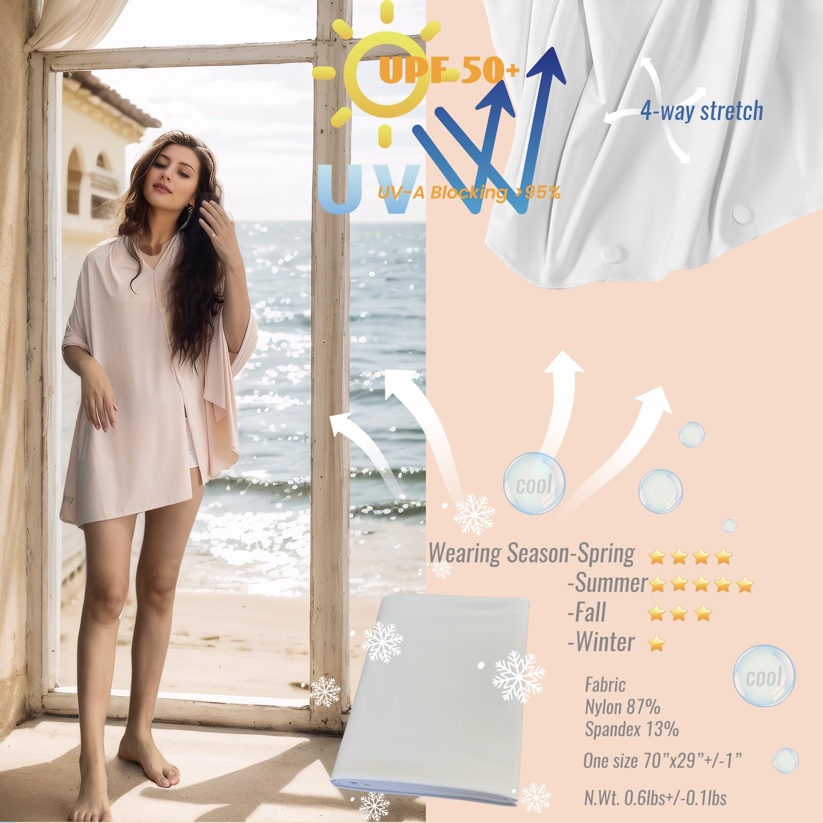 Bufanda de viaje con protección solar UPF 50+ y pashminas para mujer, manta de viaje para exteriores, verano, chal blanco UV
