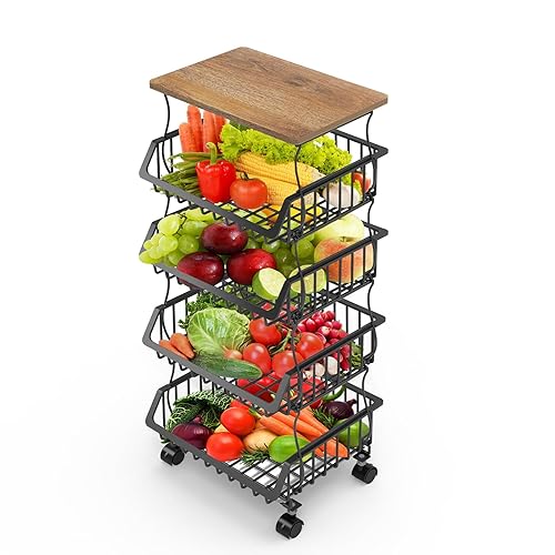 Fruit Basket for Kitchen with Wheels, 5-Tier Stackable & Removable Metal Storage Cart - Wire Basket Organizer for Kitchen, Pantry, Living Room, Office - Black - 5 tiers - Black