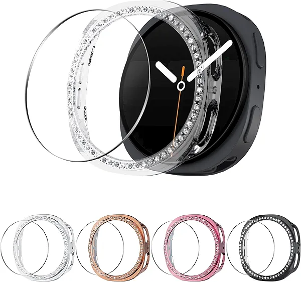 Seltureone 5+5 Pack Bling Case for Samsung Galaxy Watch 8 40mm Screen Protector, Hard PC Bumper Cover with Tempered Glass, All-around Shiny Rhinestone Case for Samsung Watch 8 40mm Only