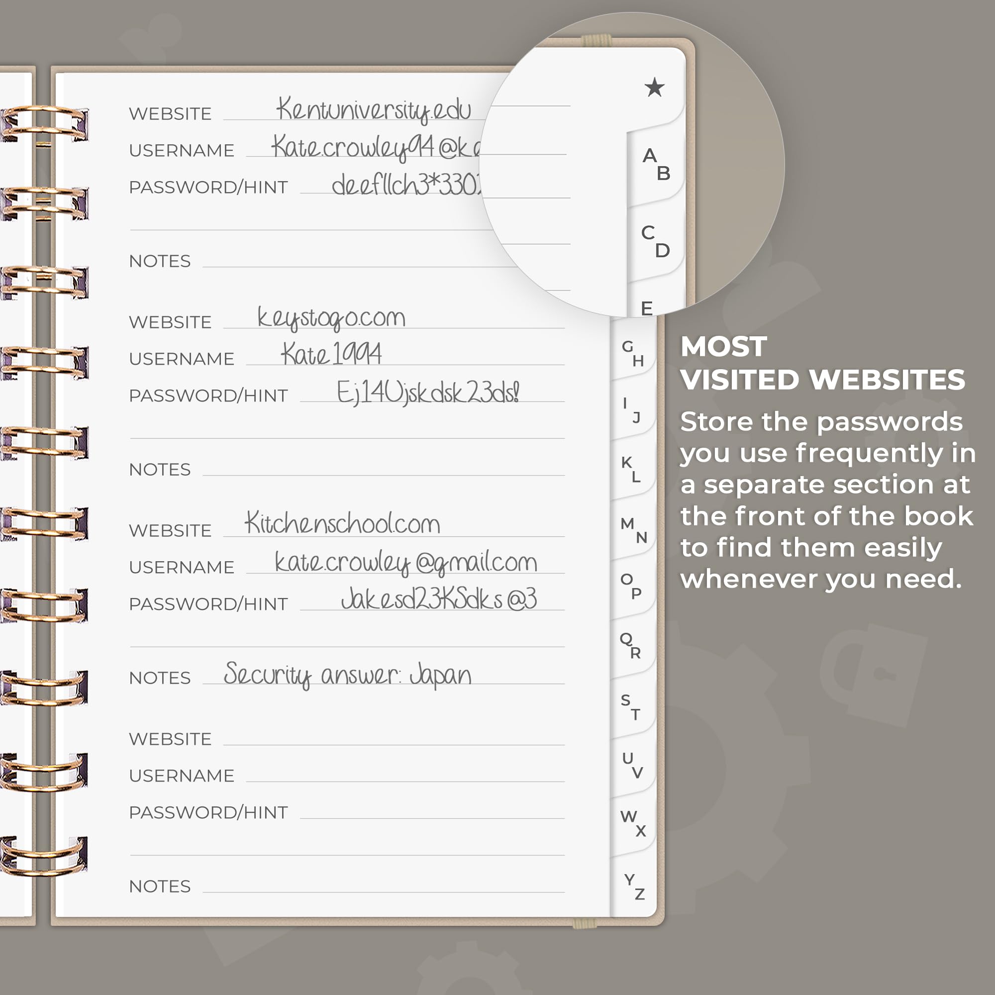 Clever Fox Password Book Spiral, Mini Internet Address Log with Alphabetical Tabs, Small Password Keeper & Organizer - Image 4
