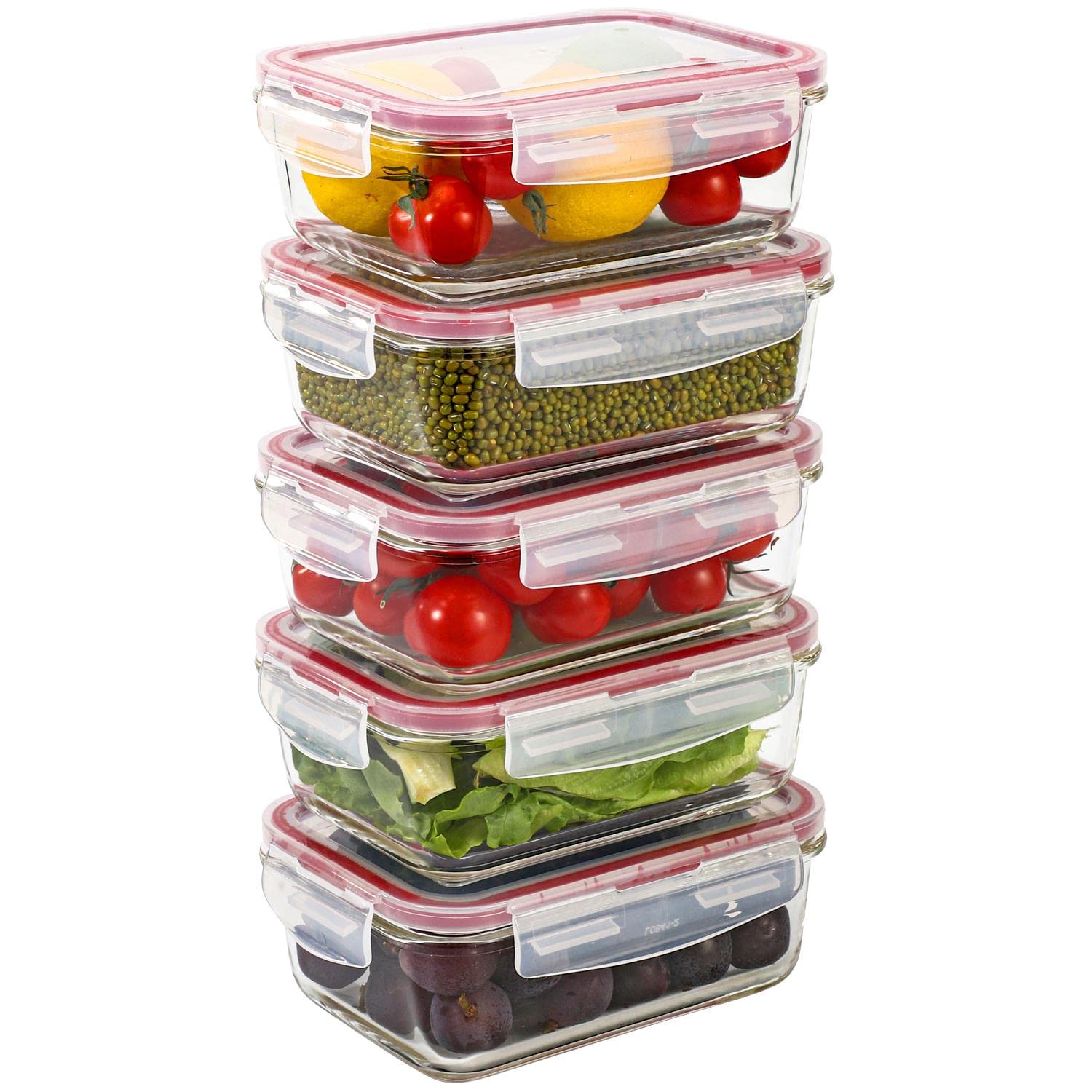 Vinsani Glass Food Storage 5 Pack 840ML Containers Rectangle Food Meal Prep Lunch Boxes with Lids Airtight Heat Resistant Leakproof Lid BPA-Free Dishwasher Microwave Freezer Safe
