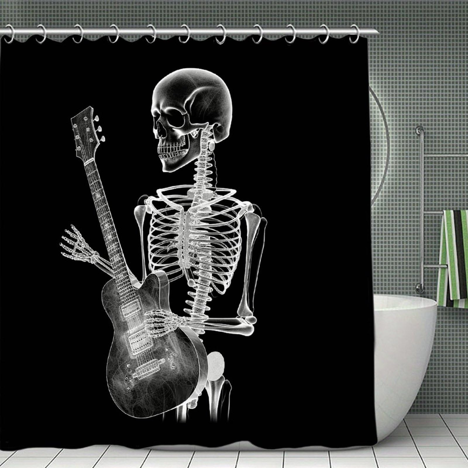 Abstract X-ray Skull Skeleton Playing Guitar Shower Curtain with Hooks Modern Farmhouse Bathroom Curtain Waterproof Cloth Bath Curtains Cute Washable Blackout Privacy Curtains for Bathroom Bathtub 70.