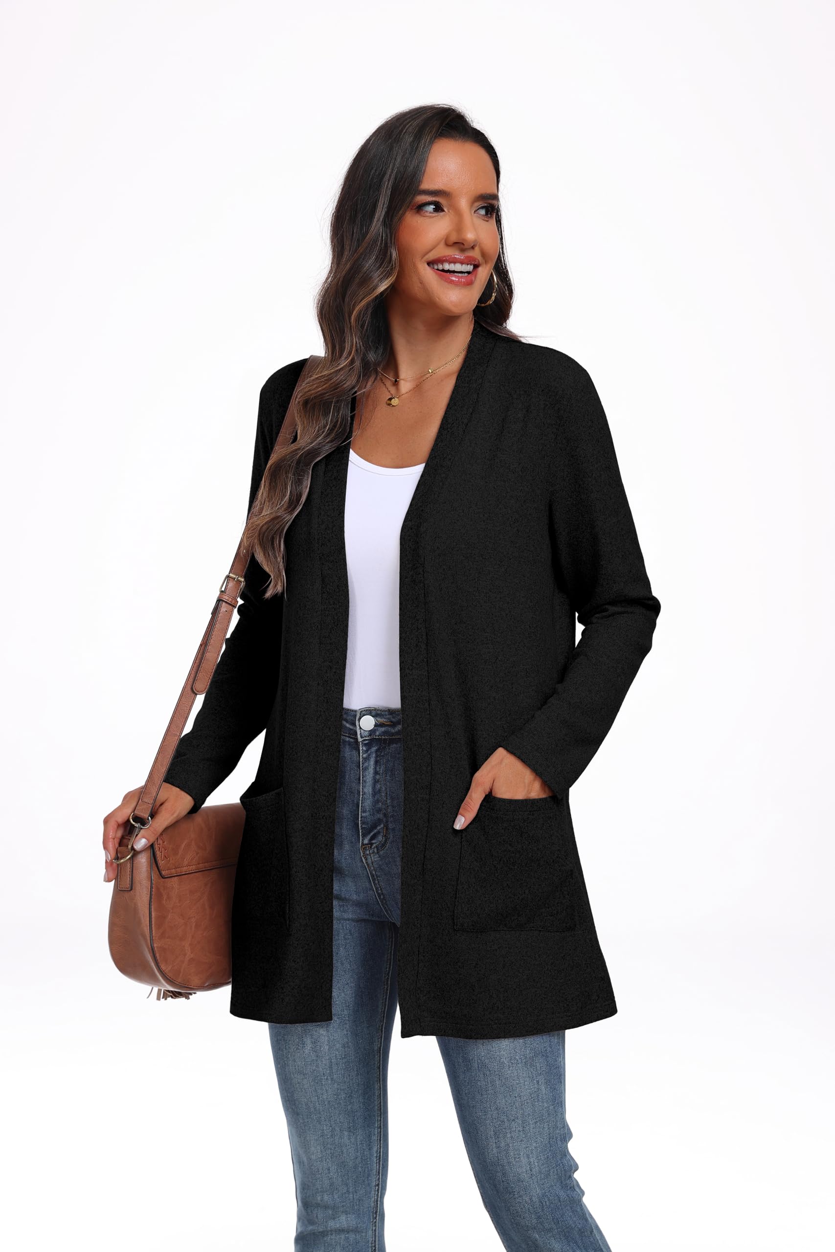 QIXING Women's Sweater Cardigan Open Front Lightweight Cardigan Long Sleeve Cardigans with Pockets