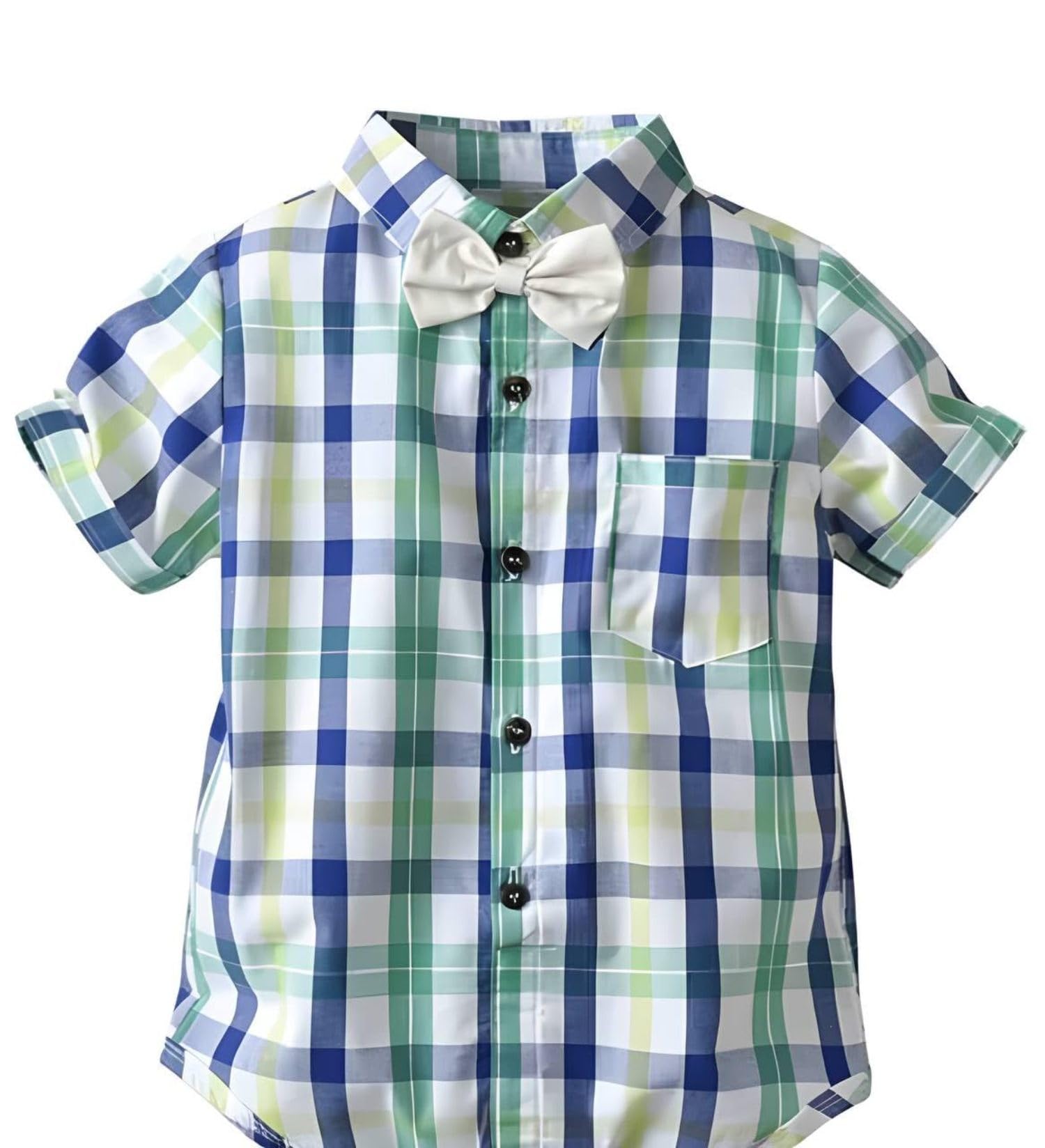 Dsnsenterprize Kids Boys Printed Cotton Short Sleeve Collared Neck Ethnic Wear Spandex Shirt & Shorts with Bow tie (DSNS_10129_Green_1-2 Years) 1