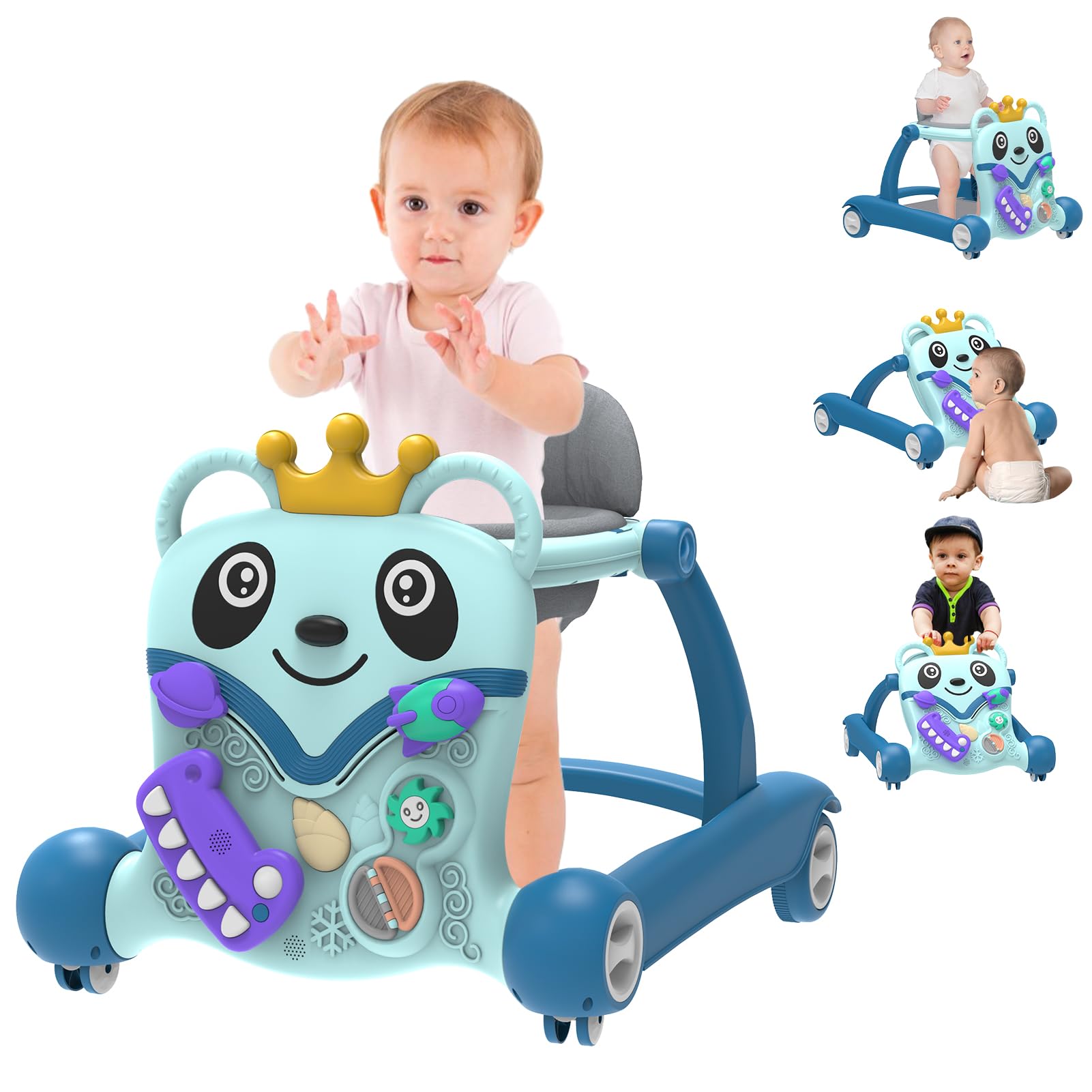 Baby Walker, 4-in-1 Foldable Baby Walker with Wheels, Music, Panda Baby Toddler Walker with Foot Pad, Toys, Activity Center, Baby Walkers for Babies 6-12 Months Boys Girls (Blue)