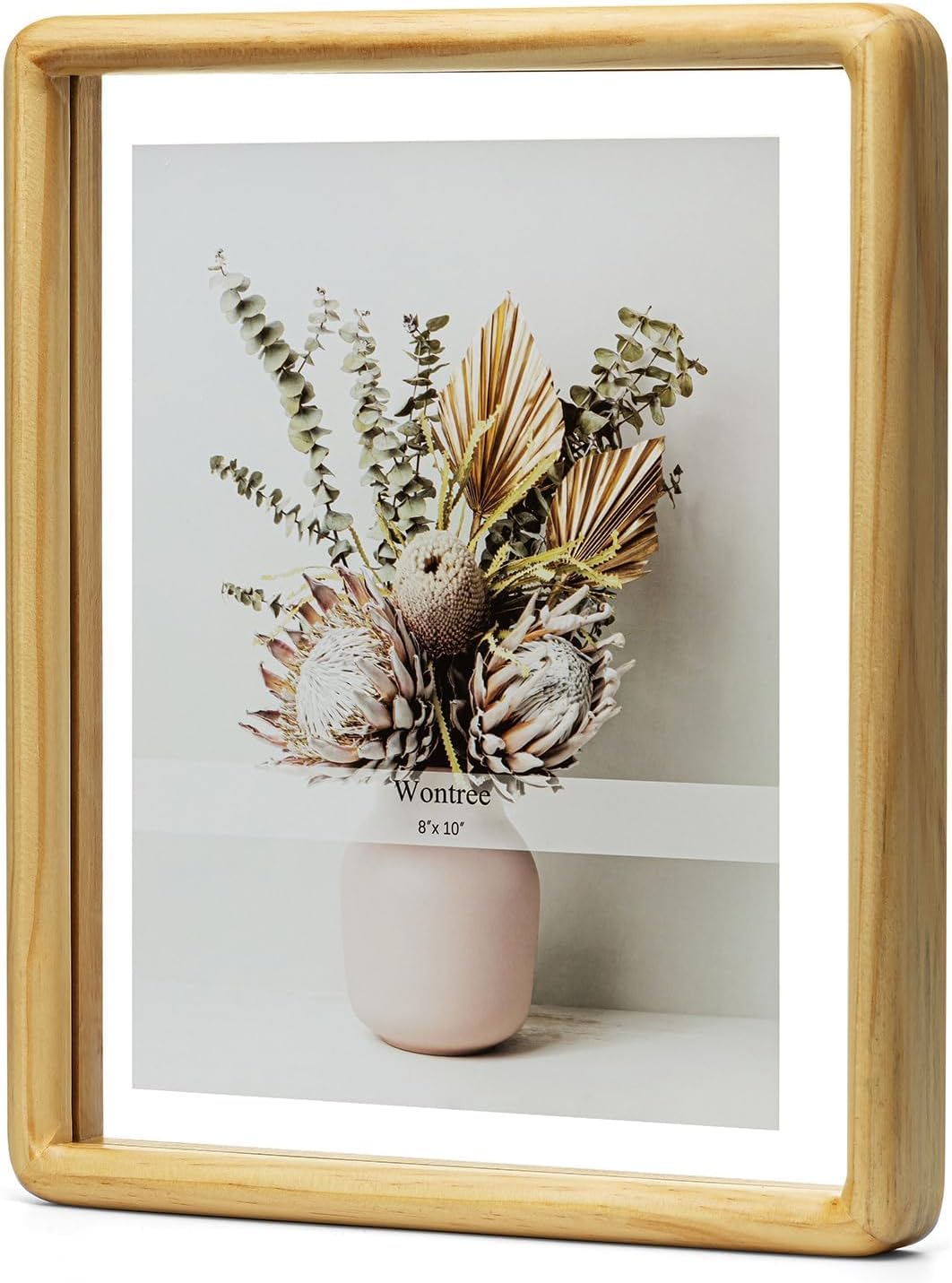 8x10 Floating Picture Frame, Solid Pine Wood with Double Sided Real Glass, Fits 8x10 Photos or Display Any Size Photo up to 10x12, Wall Hanging or Tabletop Free-Standing, Nature