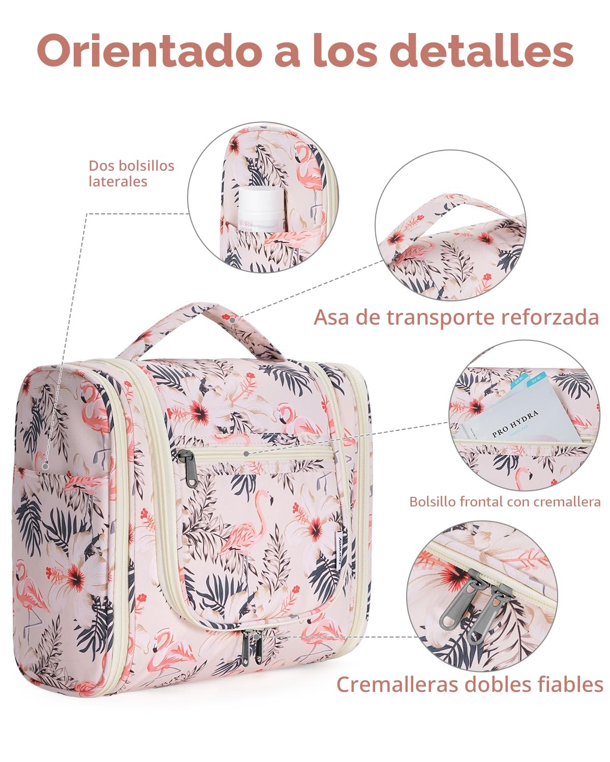 Narwey Neceser Mujer Bolsa de Aseo Colgante, Organizador de Maquillaje Neceser Viaje para Hombre y Mujer Accesorios de Viaje (Flamenco Beige(Grande))