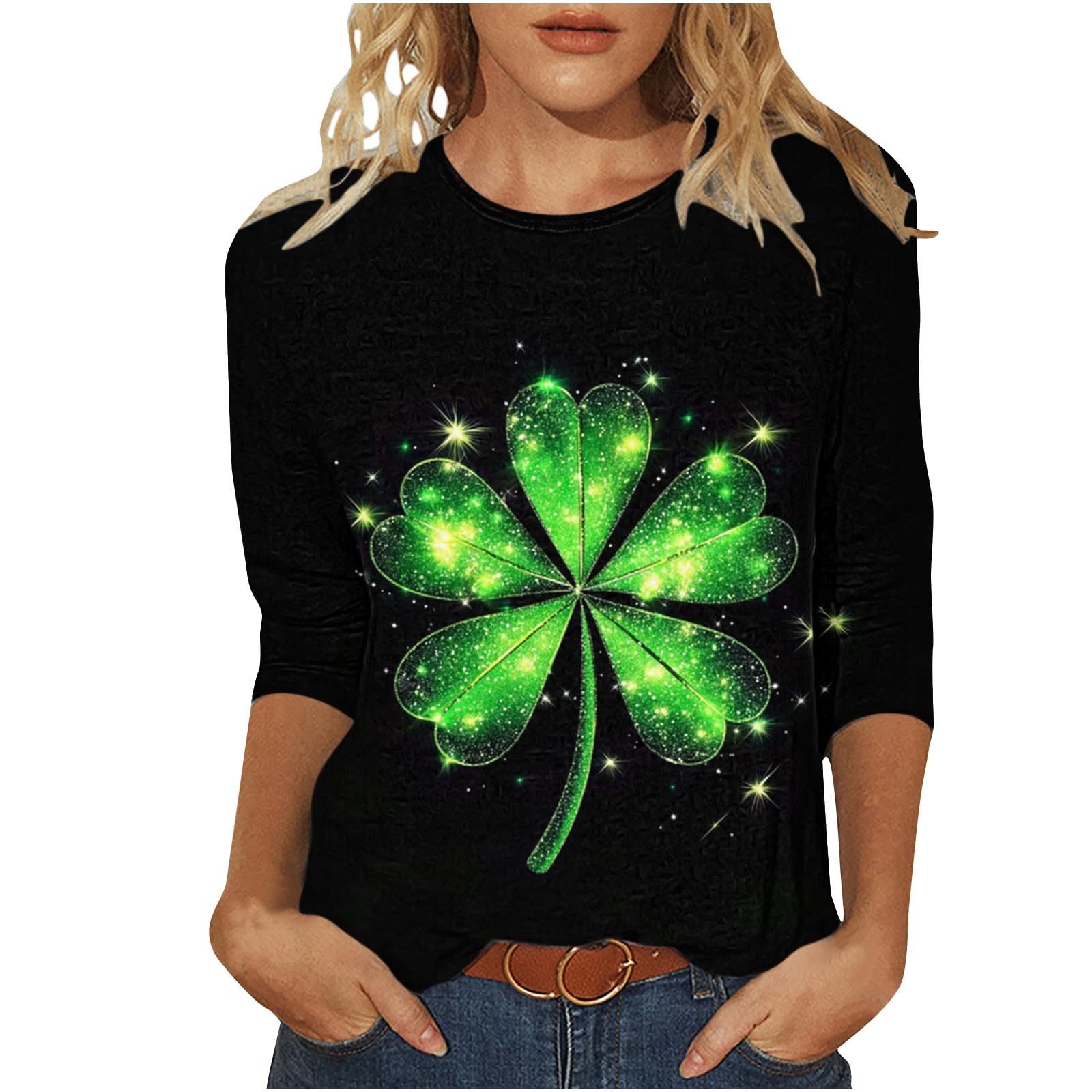 St Patricks Day Shirts for Women Cute Irish Shamrock Graphic 3/4 Sleeve Tops Plus Size Blouses Green Clover T-Shirts