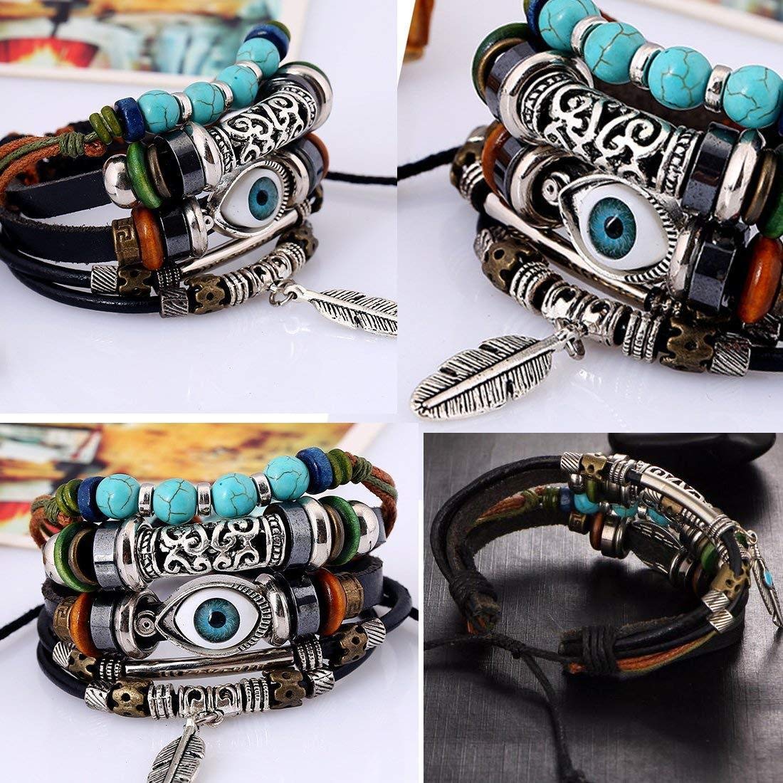 Zivom Leather & Bead Bracelet Combo Pack Of 2 - Vintage Biker Style, Adjustable, Multi-Strand Wristbands For Men