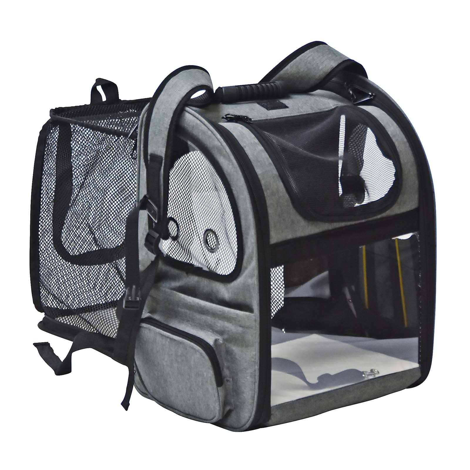 Fudajo Ausziehbarer Haustier Rucksack 27x35,5x41,5 cm bis 6kg, Hunderucksack, Katzenrucksack mit Netz und Fenstern, Schwarz und Grau