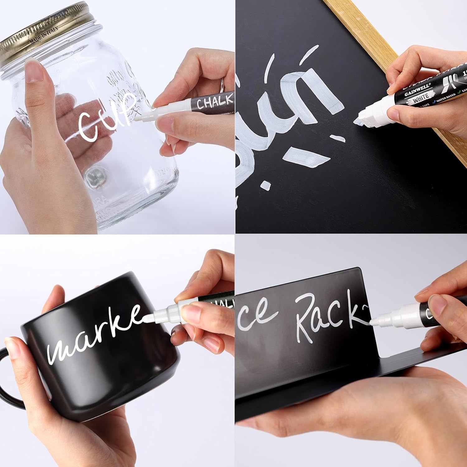 GAINWELL White Liquid Chalk Markers Erasable 4 Pack, Reversible Tip (3mm/6mm/10mm/15mm), Erasable Chalk Pens for Blackboard, Window, Glass, Chalkboard, Bistro, Loved by Teachers, Artists, Businesses