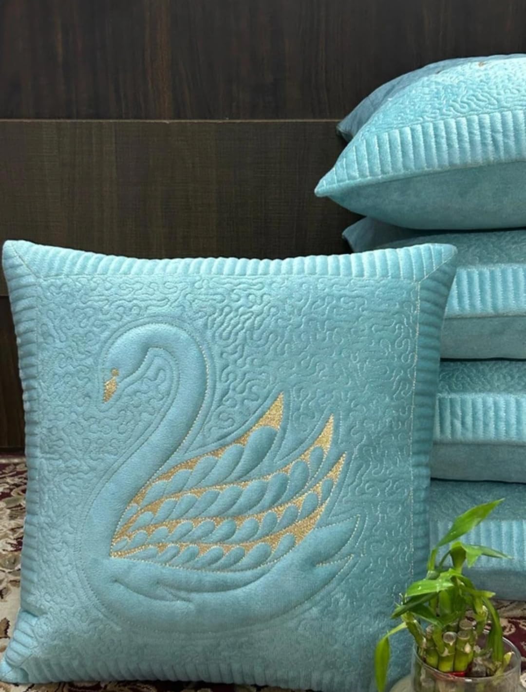 Luxurious Embroidered Velvet Cushion Covers | 16 x 16 Inches | Premium Set of 5 with Intricate Detailing | Sophisticated Accent for Couch, Sofa, or Bed (Blue)-picture-16