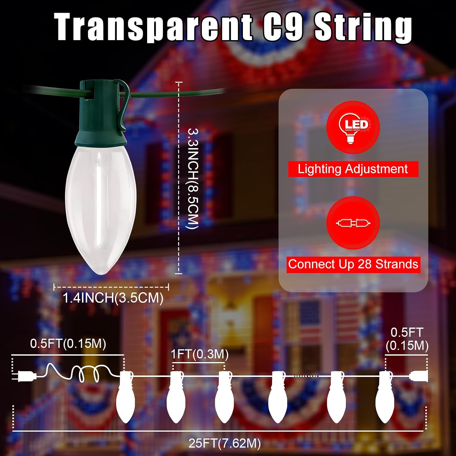 25 LED Patriotic C9 String Lights, Red White & Blue, Green Wire, 120V, for Independence Day & Patriotic Decor