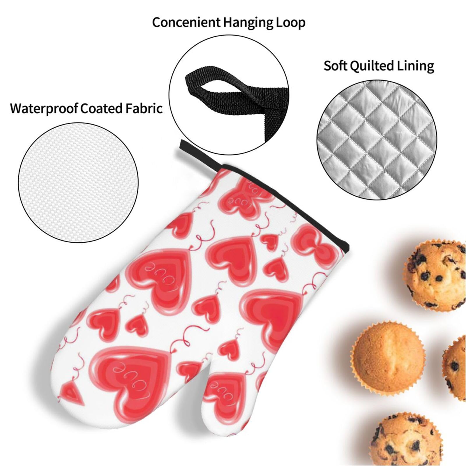 Set di 4 guanti da forno e presine a forma di cuore rosso con