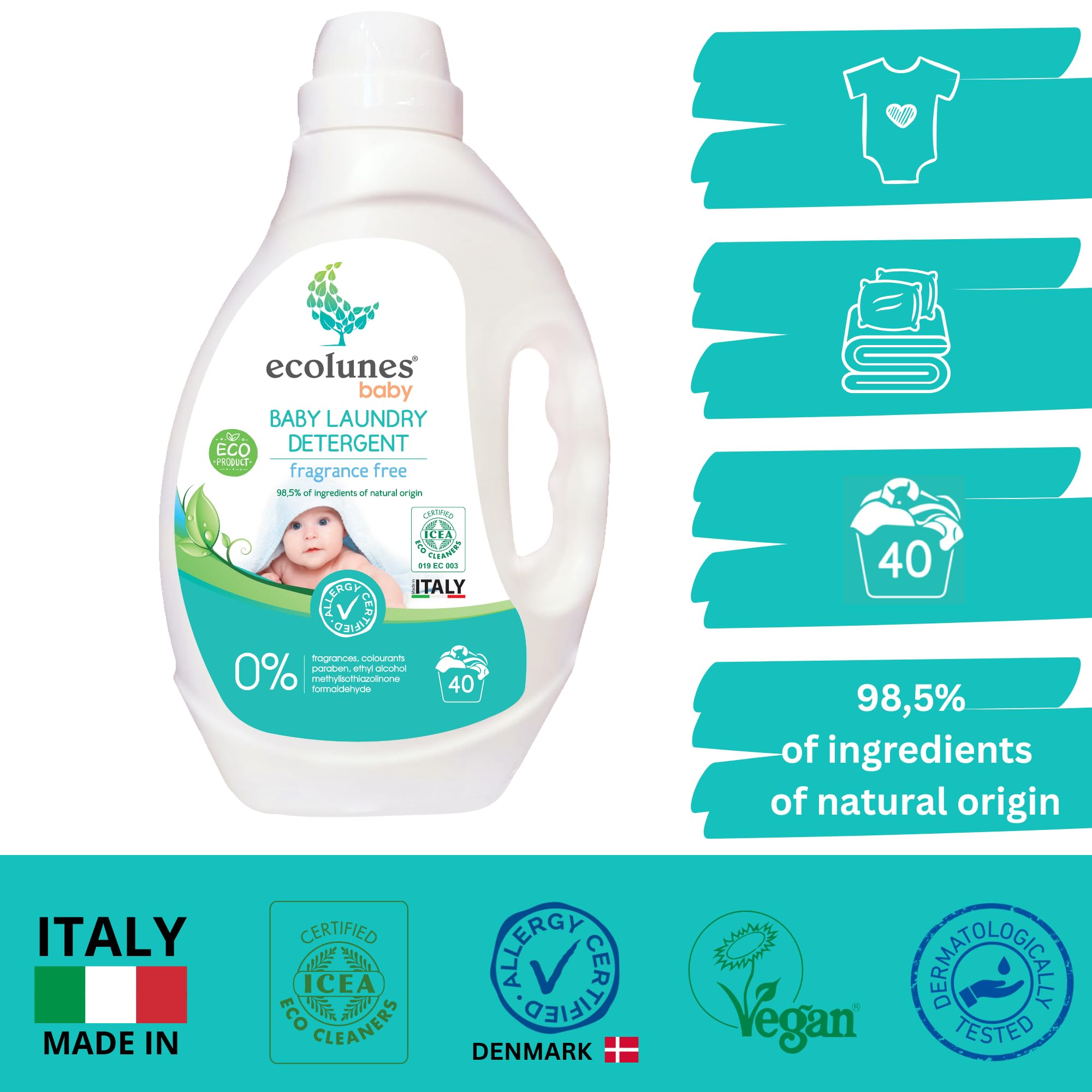 Ecolunes Baby Laundry Detergent Fragrance Free Specjalnie opracowany dla delikatnej skóry niemowląt, 98,50% składników pochodzenia naturalnego, 2L