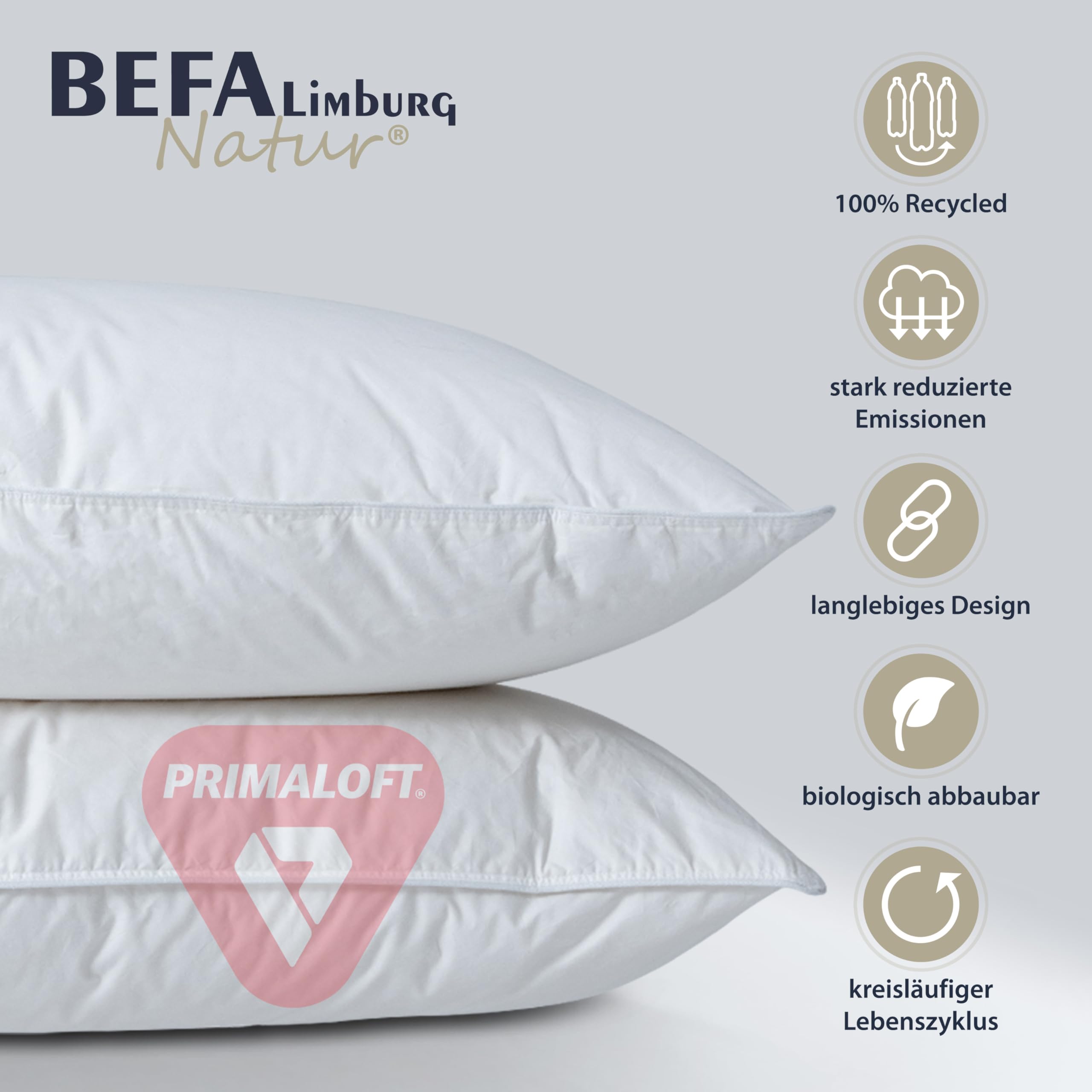 BEFA NATUR Kopfkissen 80x80 cm | Primaloft Bio® - hochwertige, Funktionelle Mikrofaserfüllung | vegane Daunenalternative | 1500g Füllgewicht |Oeko-TEX 100 Klasse 1 | Made in Germany