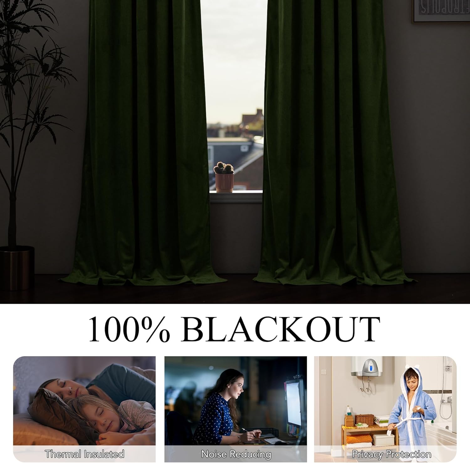 StangH 100% Blackout Green Curtains 96 inches Moss Green Velvet Curtain Panels Thermal Insulated Privacy Window Drapes for Bedroom, Christmas Home Decor, W52xL96, 2 Panels