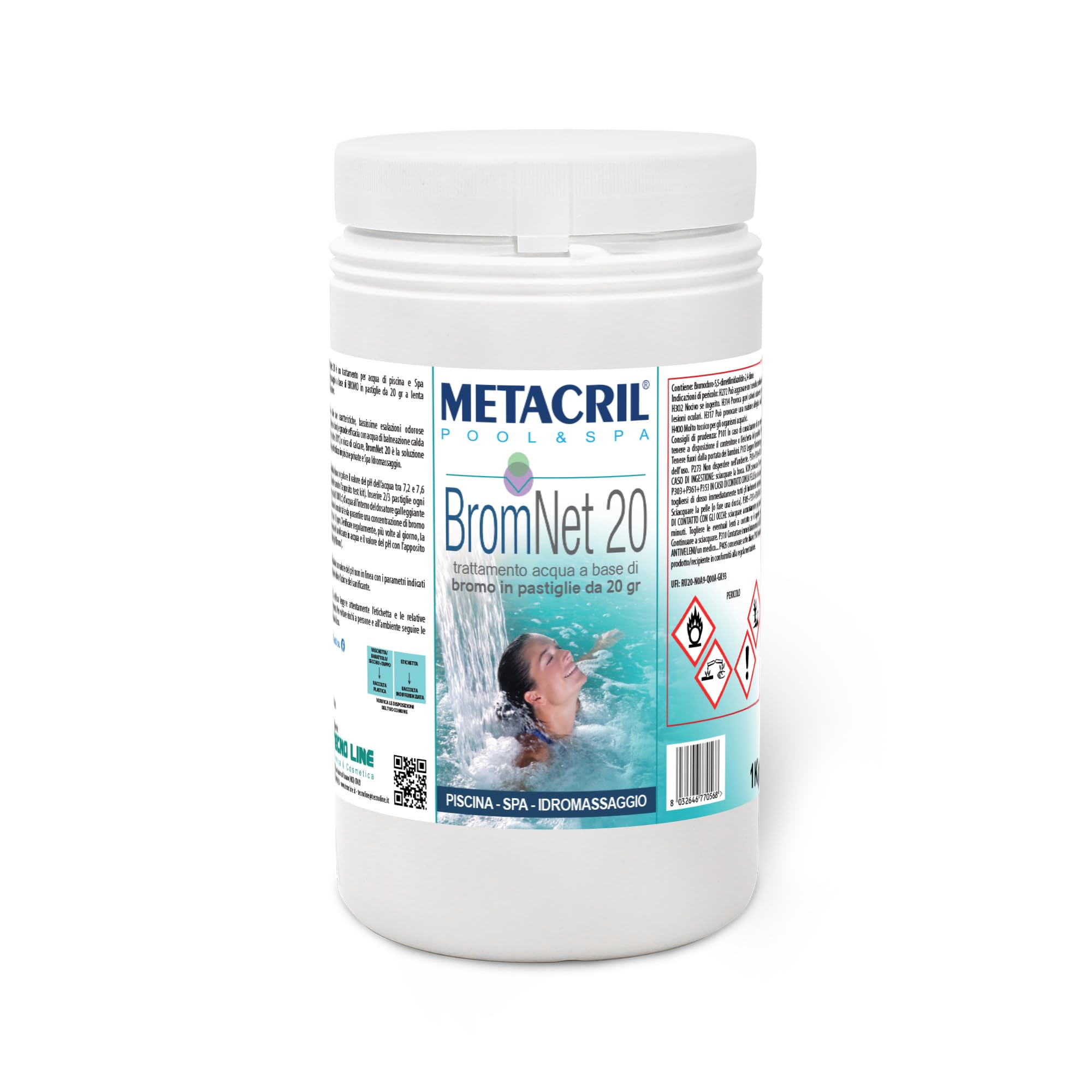 Metacril Brom Net 20, Pastillas de bromo de disolución Lenta, 20 g, para Piscinas y spas - 1 KG