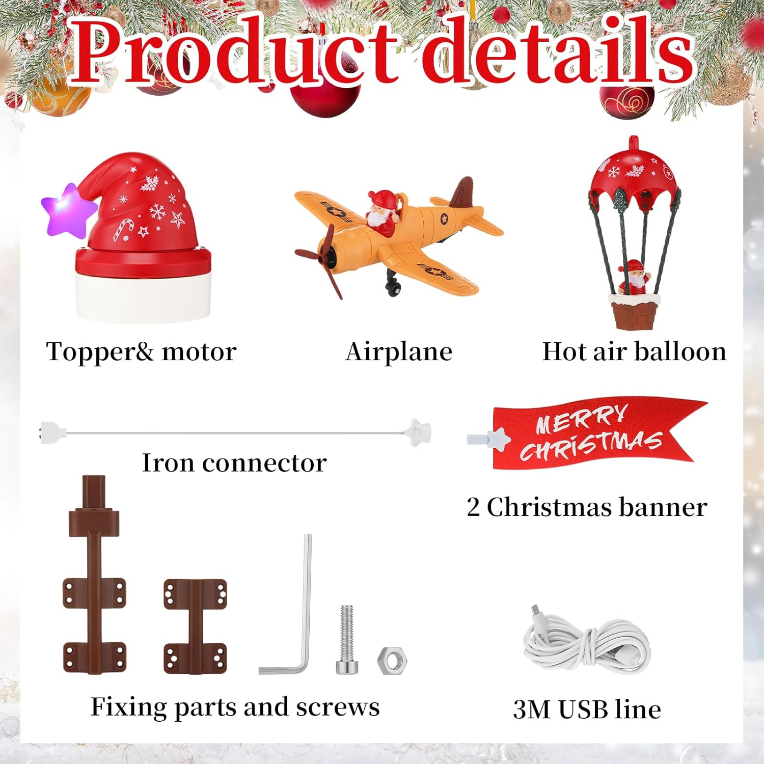 Realspring Christmas Animated Tree Topper with Santa's Hot Air Balloon and Plane with Banner Funny Christmas Tree Decoration