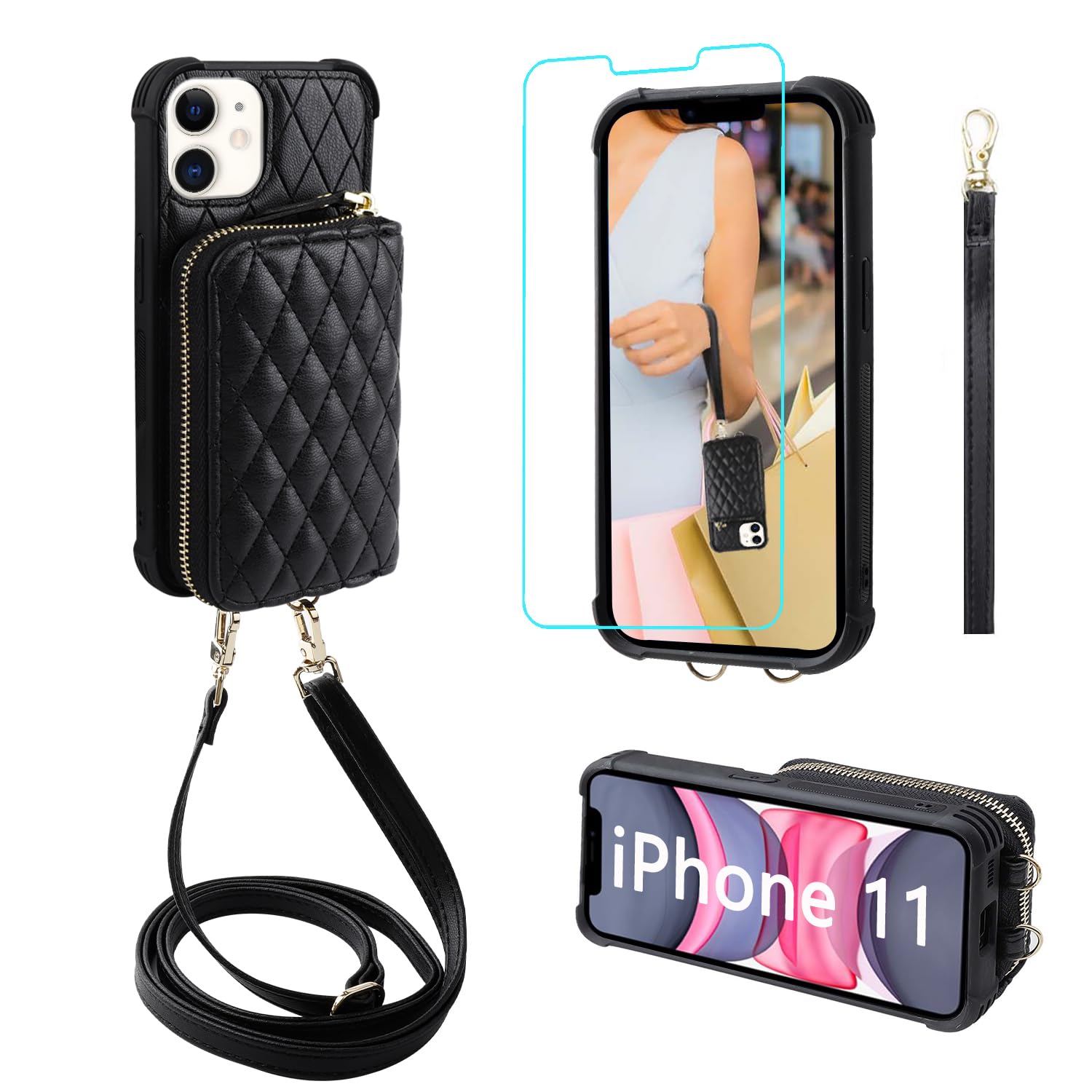 MONASAY Zipper Wallet Case Fit for iPhone 11,[Glass Screen Protector ][RFID Blocking] Flip Leather Handbag Phone Cover with Card Holder and Detachable