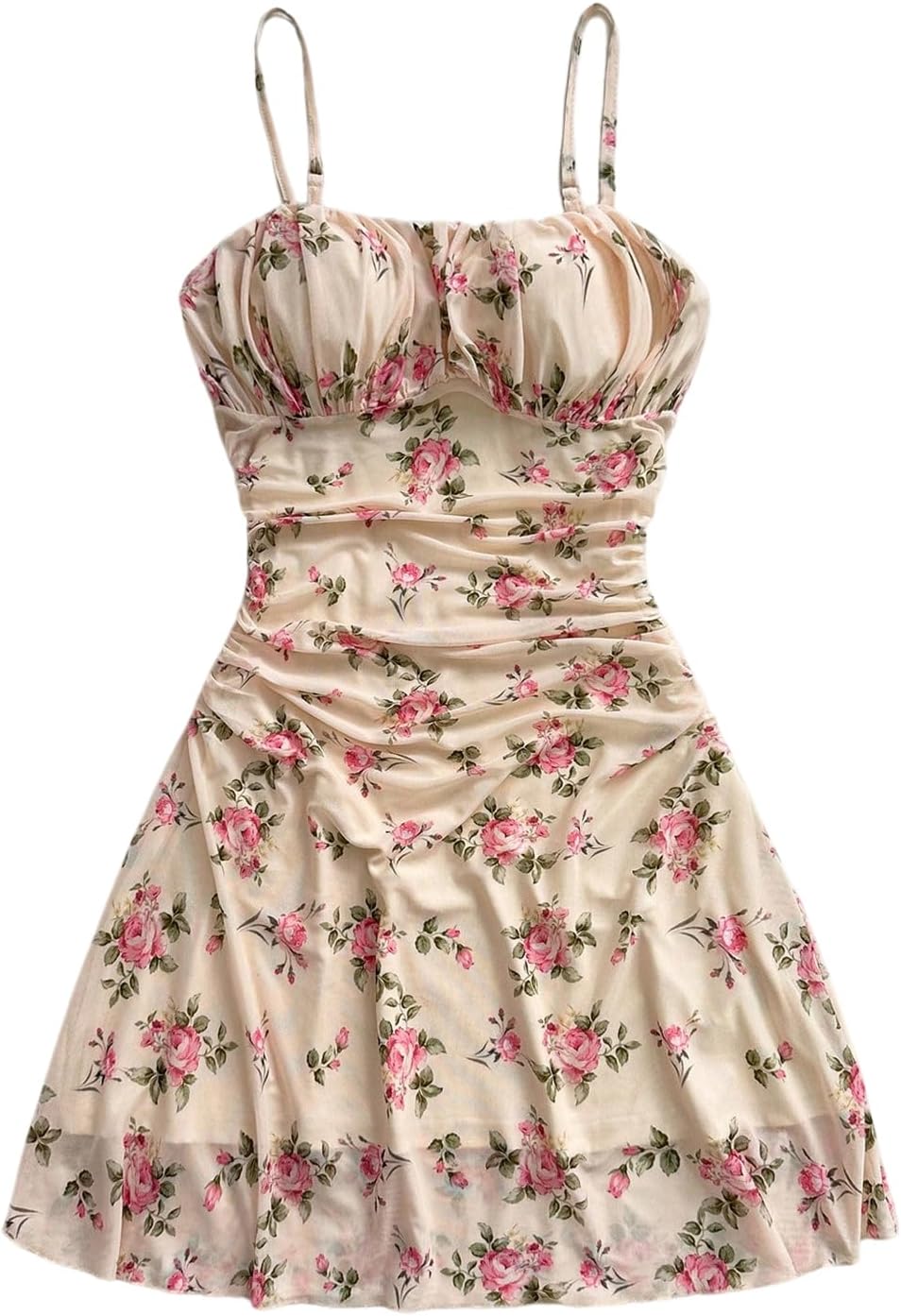 WDIRARA Women's Plus Size Boho Floral Cami Dress Ruched Spaghetti Strap A Line Short Dresses