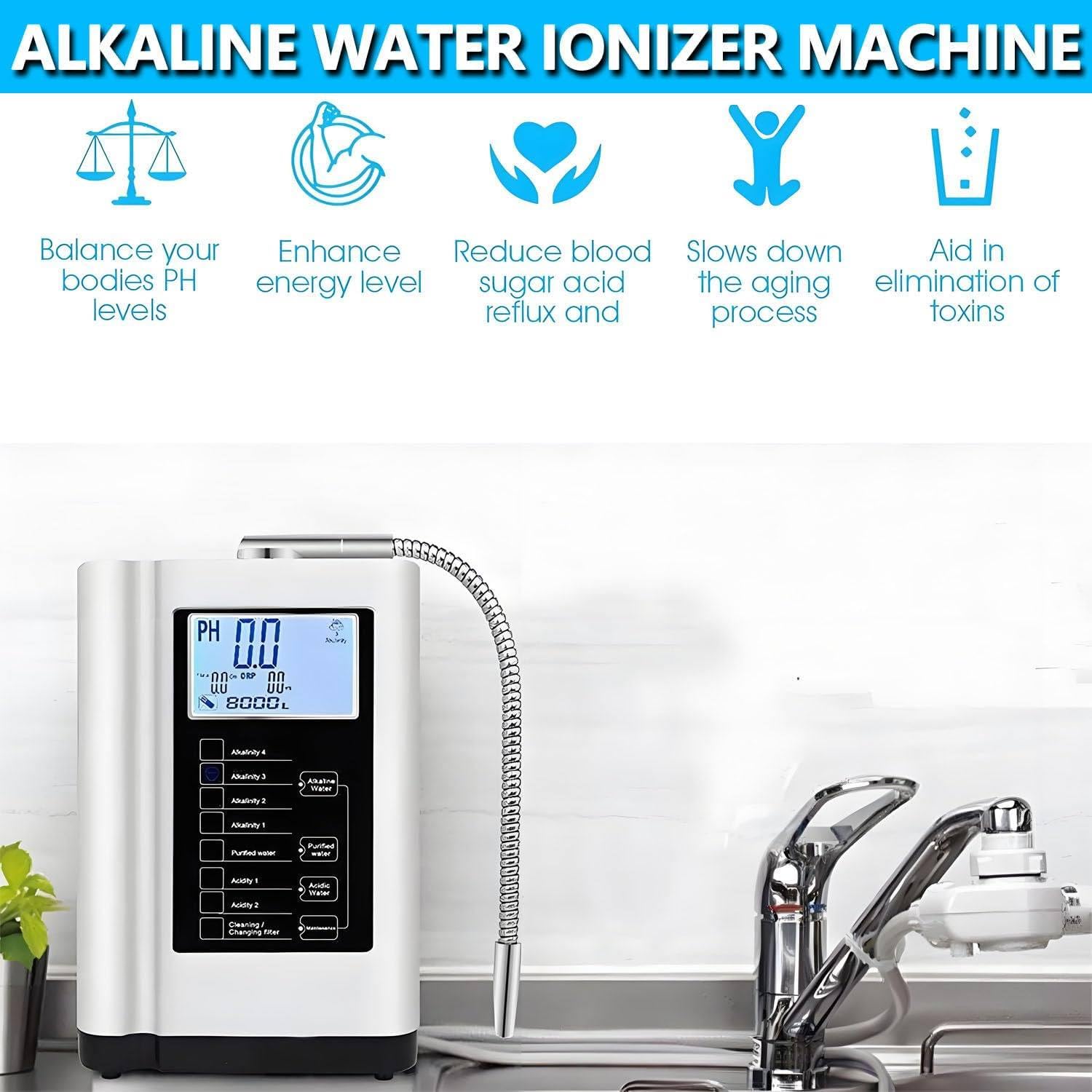 Ionizzatore per Acqua alcalina LCD da 3,8 Pollici, purificatore PH3,5-10,5, Filtro per Acqua Potabile alcalina acida Domestica, 8000 Litri per Filtro, Comando vocale Intelligente White