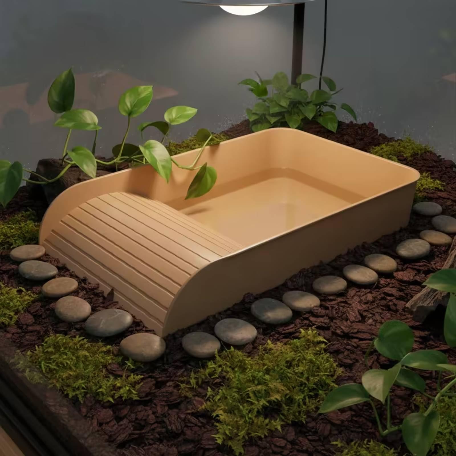 Gralara Bañera Plástico con Rampa Fácil Acceso Tazón Agua Tortuga Altura bajo Plato Alimentación Reptiles con Rampa para Tortugas, Terrario, con Drenaje Inferior