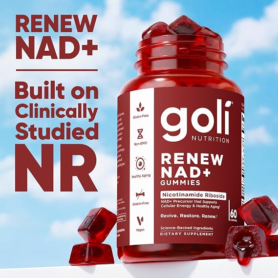 Goli Worlds First Renew NAD+, 60 Count Nicotinamide Riboside (NR) Cellular Energy & Healthy Aging Support Vegan, Non-GMO, Gelatin-Free Liquid-Center Gummies