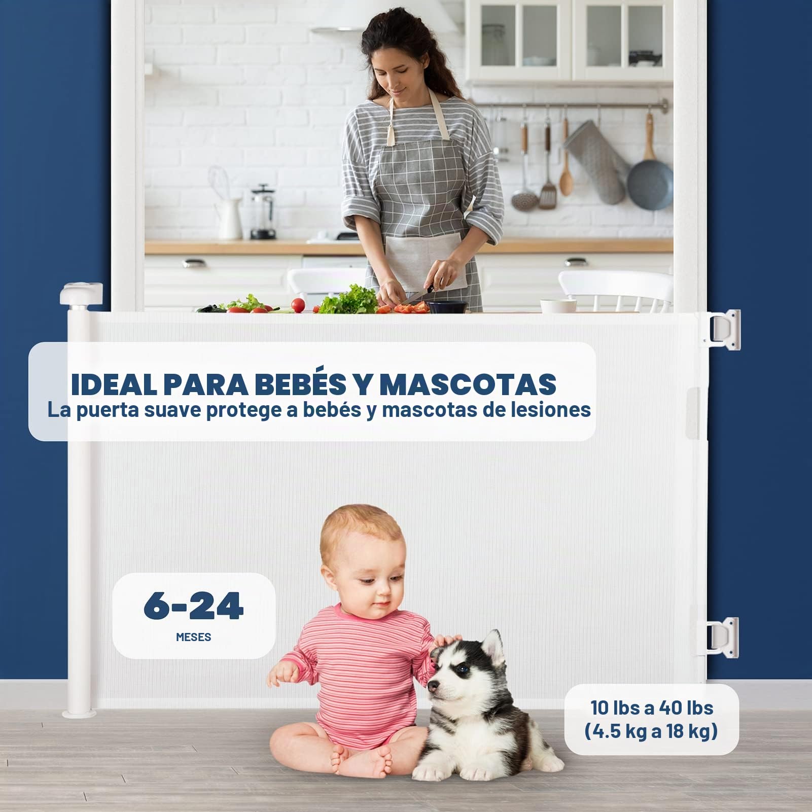 HollyHOME Barrera Seguridad Niños Escalera, 180 cm, Extra Ancha, Operación con Una Sola Mano, Puerta Seguridad Extensibles Bebés o Mascotas para Escaleras, Pasillos, Interiores y Exteriores, Blanco