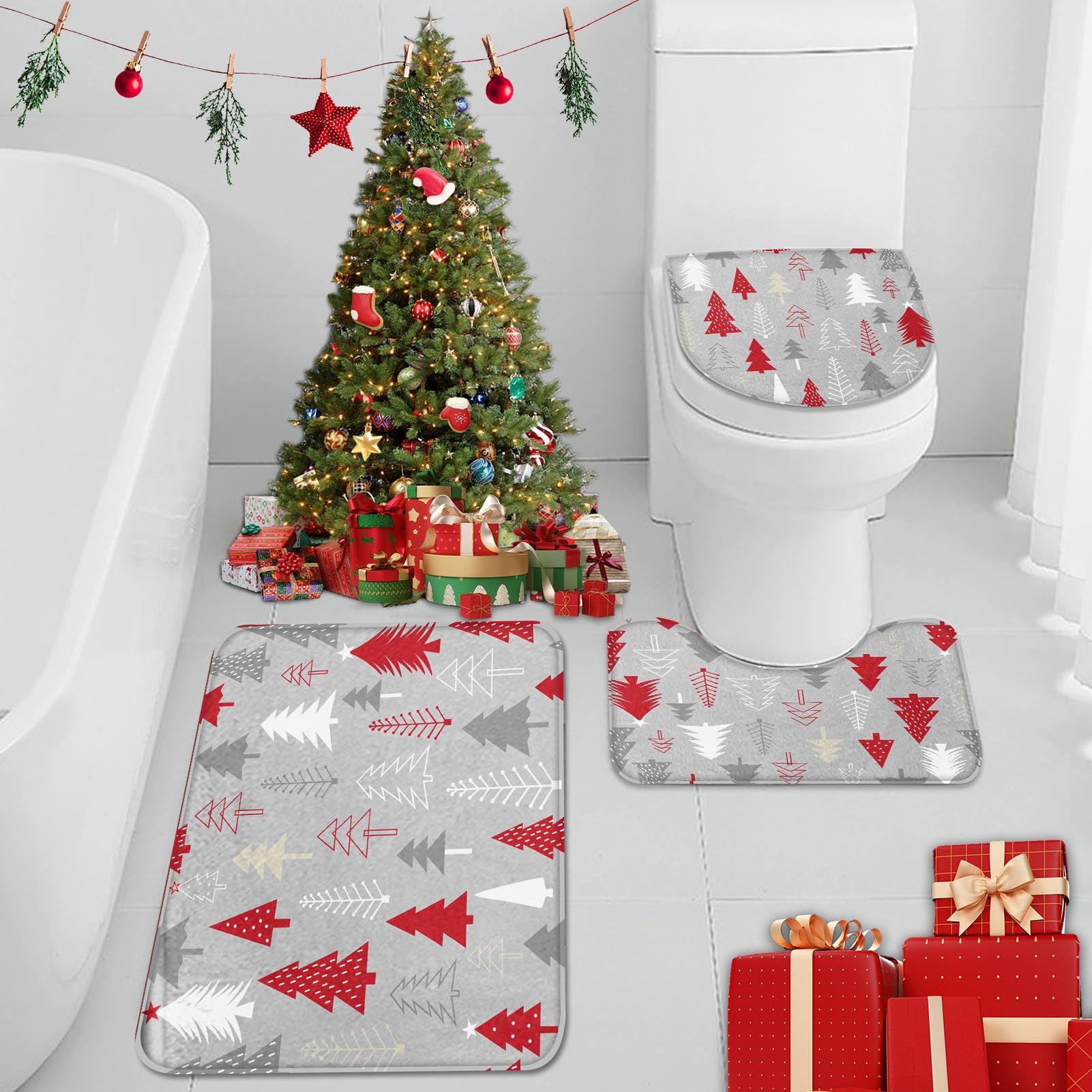 ArtSocket Juego de 3 tapetes de baño de Navidad, antideslizantes, absorbentes de invierno, de espuma viscoelástica, lavables a máquina, con diseño de árbol de Navidad