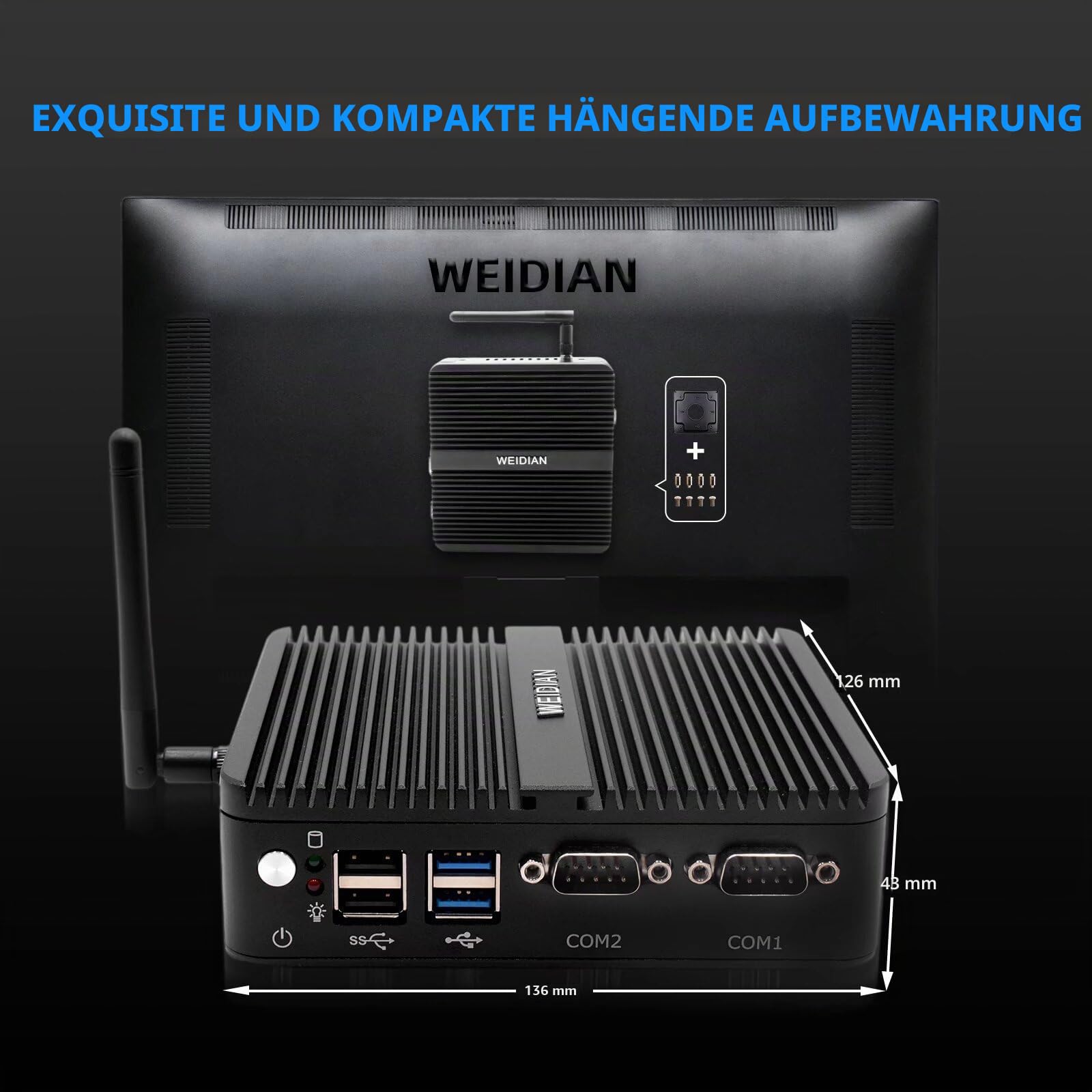 WEIDIAN Lüfterloser PC, Industrie PC, J5005(bis zu 2,8 GHz) Industrial Fanless Mini Computer, HD/VGA Dual Display 4K HD, USB3.0, 2RS232 Com, 2Gigabit Ethernet, WiFi, Win11(8GB RAM 128GB SSD)
