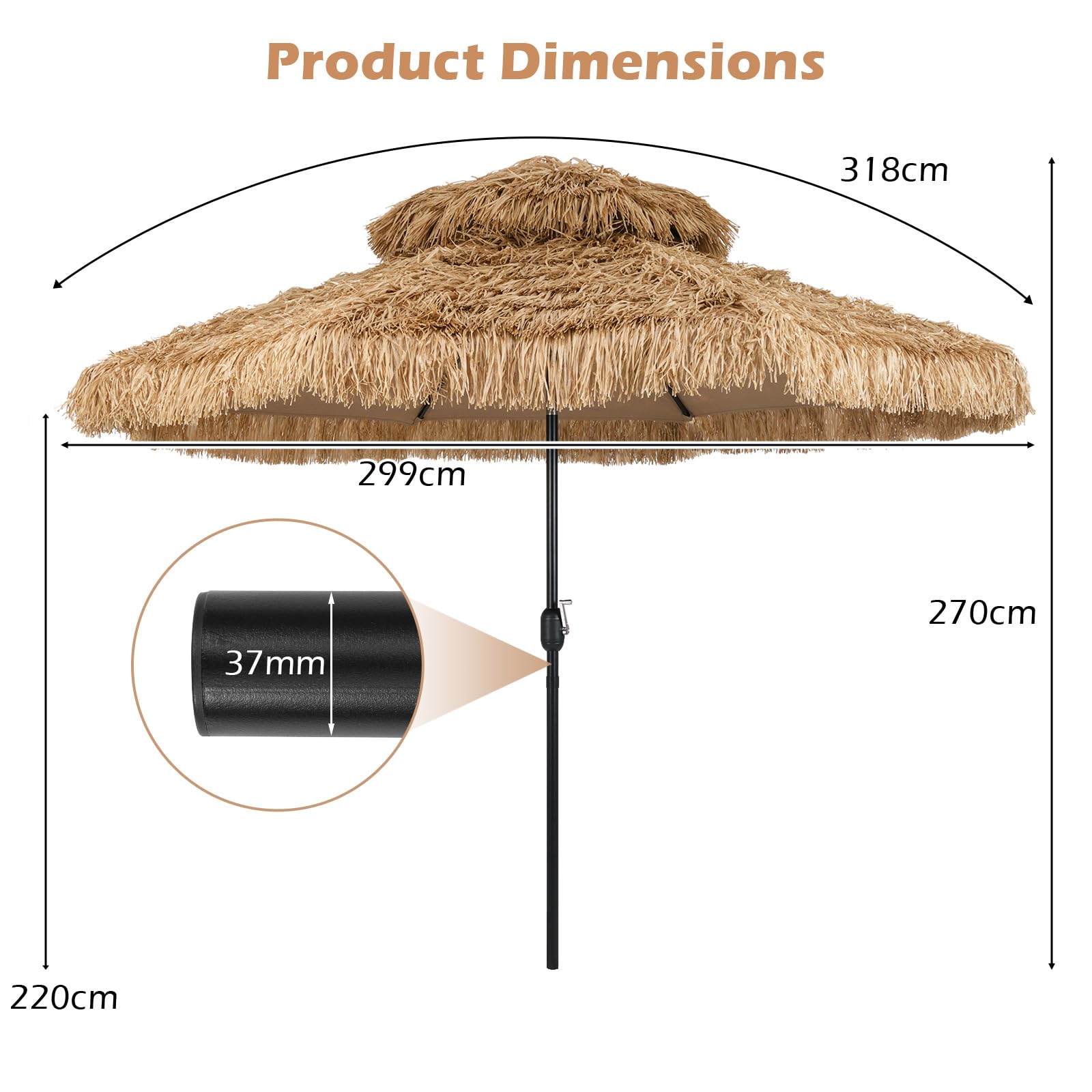 KOMFOTTEU 3m Hawaii Sonnenschirm, Bastschirm knickbar, Strohschirm Sonnenschutz, Strandschirm mit Doppeldach, Terrassenschirm Marktschirm für Garten, Balkon, Strand | Sonnenschirm für den Strand mit Doppeldach, Sonnenschirm für Garten, Balkon, gelb-braun,