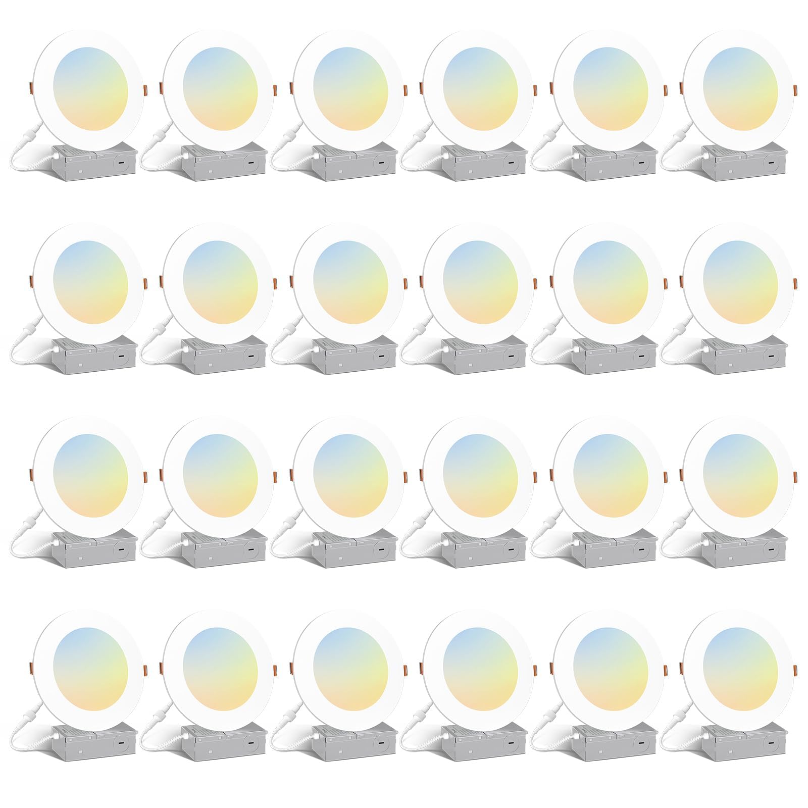 Amico 24 Pack 6 Inch 5CCT Ultra-Thin LED Recessed Light with Junction Box, 2700K/3000K/4000K/5000K/6000K Selectable, 1000LM Brightness, Dimmable Canless Wafer Downlight, 12W Eqv 110W-ETL&FCC