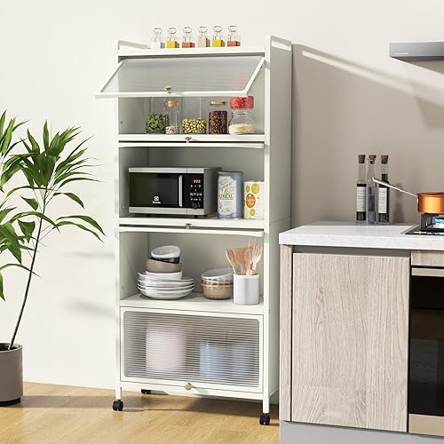 Miniatura 2 de LOKO Armario de almacenamiento de cocina de 5 niveles, estante independiente para panadería con 4 ruedas rodantes, soporte móvil para microondas con