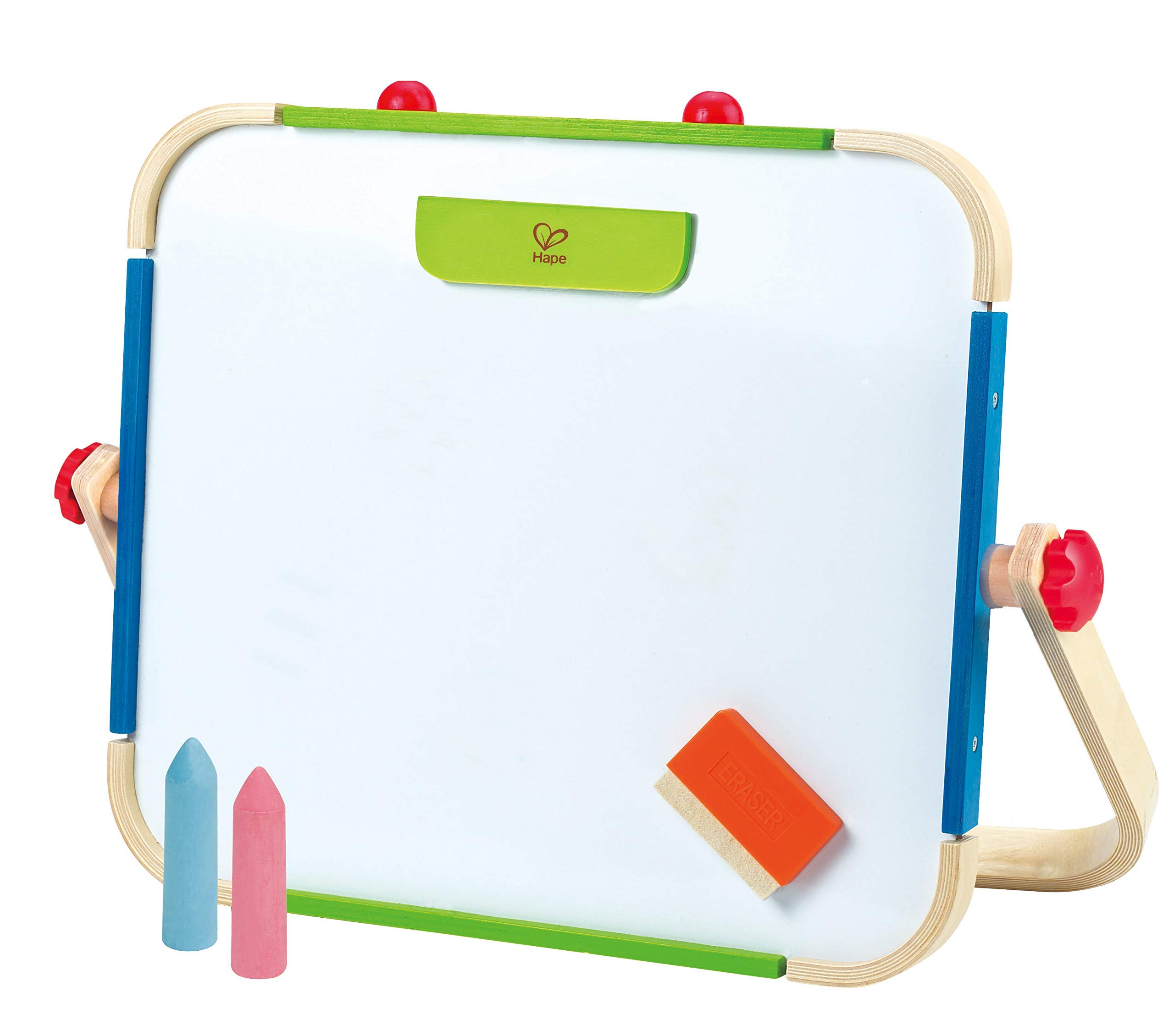 Hape Early Explorer Anywhere Table Top Art Studio Award Winning Double-Sided Wooden Kids Easel Whiteboard/Chalkboard with 2 Chalk Pieces, Eraser and Magnetic Wood Clamp for Paper (E1009)