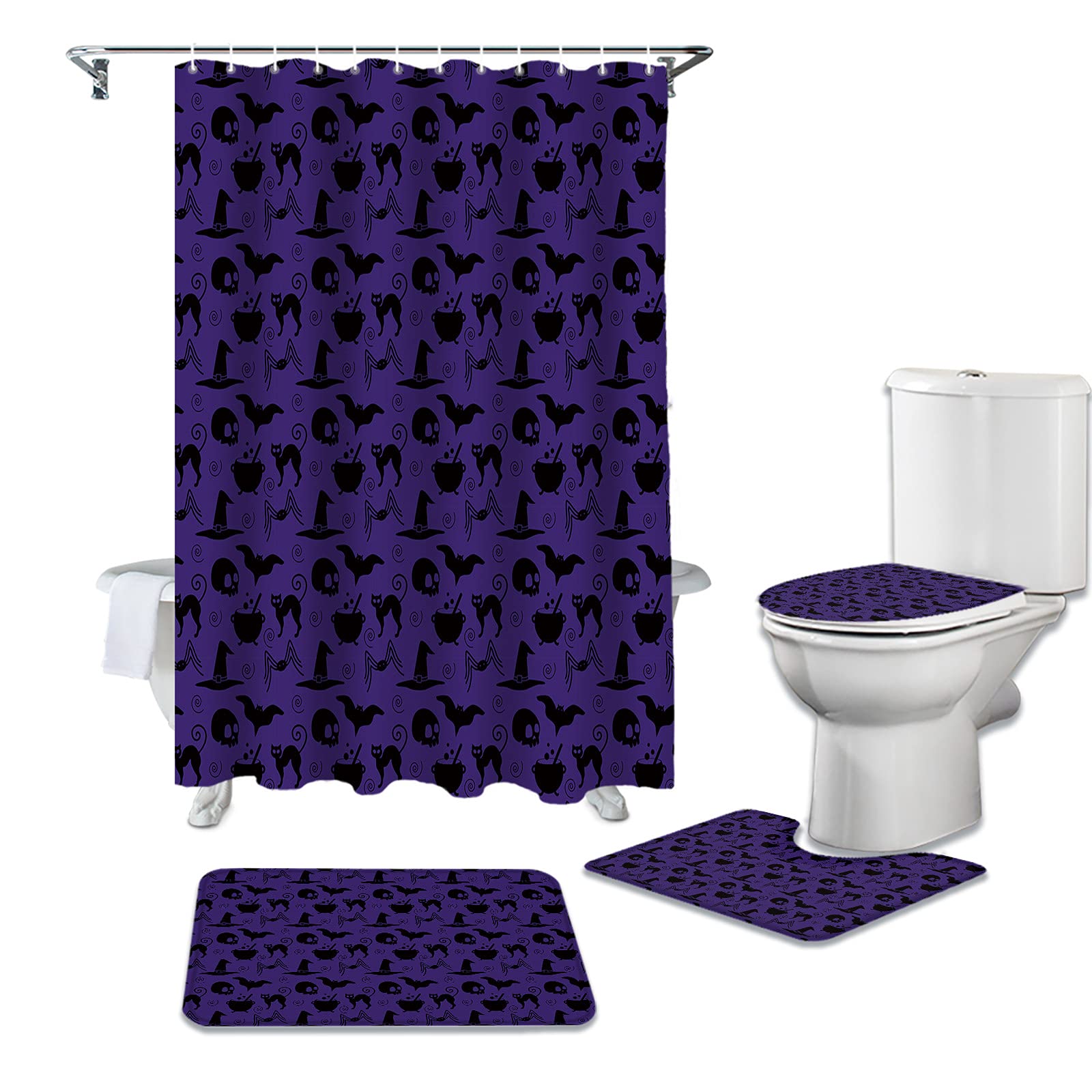 4 Piece Bathroom Mat Sets, Halloween Elements - skeleton