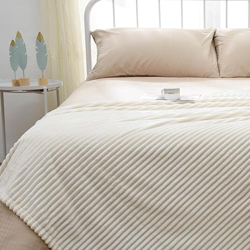 Vista 118 de Vessia Manta de franela de forro polar, 300GSM, acogedora manta a rayas verde salvia para sofá, cama y sofá, cálida y suave, acogedora manta